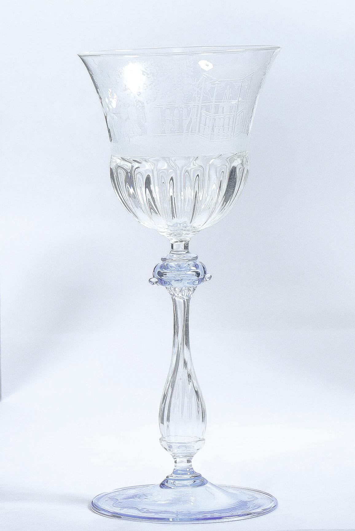 Modern Set of 12 Engraved Salviati Murano/Venetian Clear / Blue Glass Wine Goblet Stems