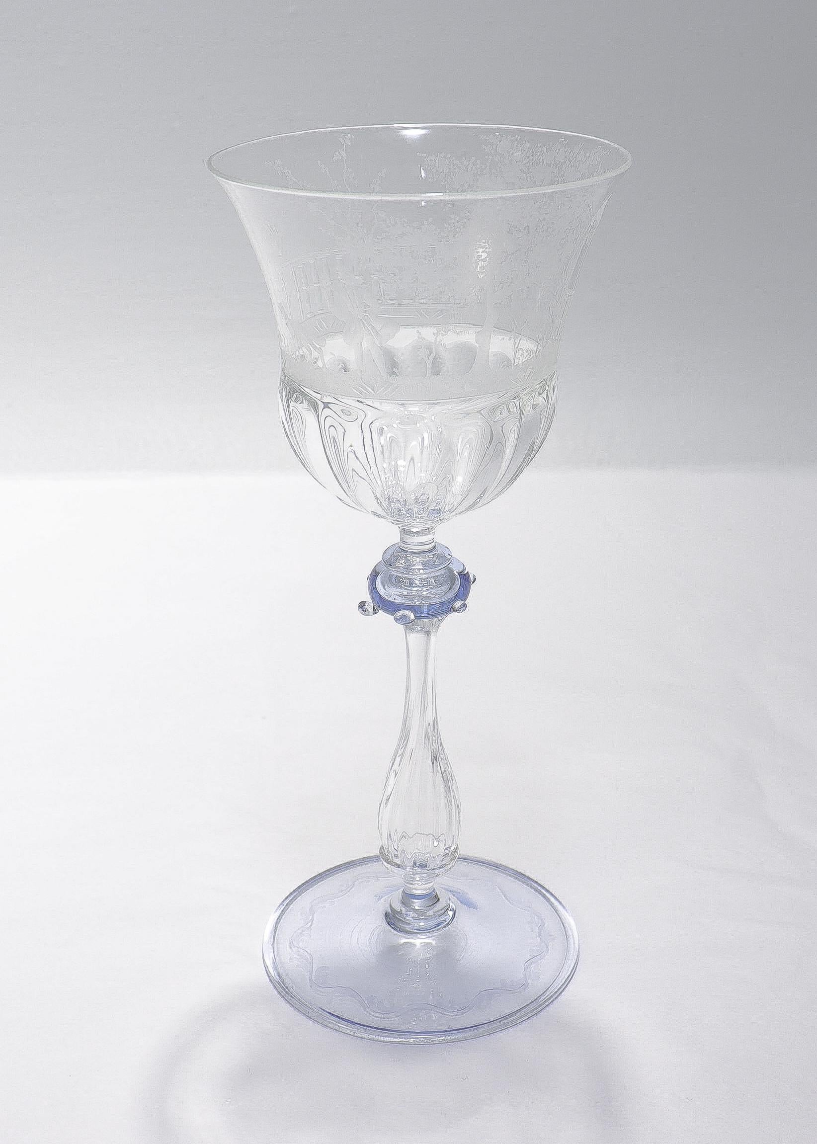 Italian Set of 12 Engraved Salviati Murano/Venetian Clear / Blue Glass Wine Goblet Stems