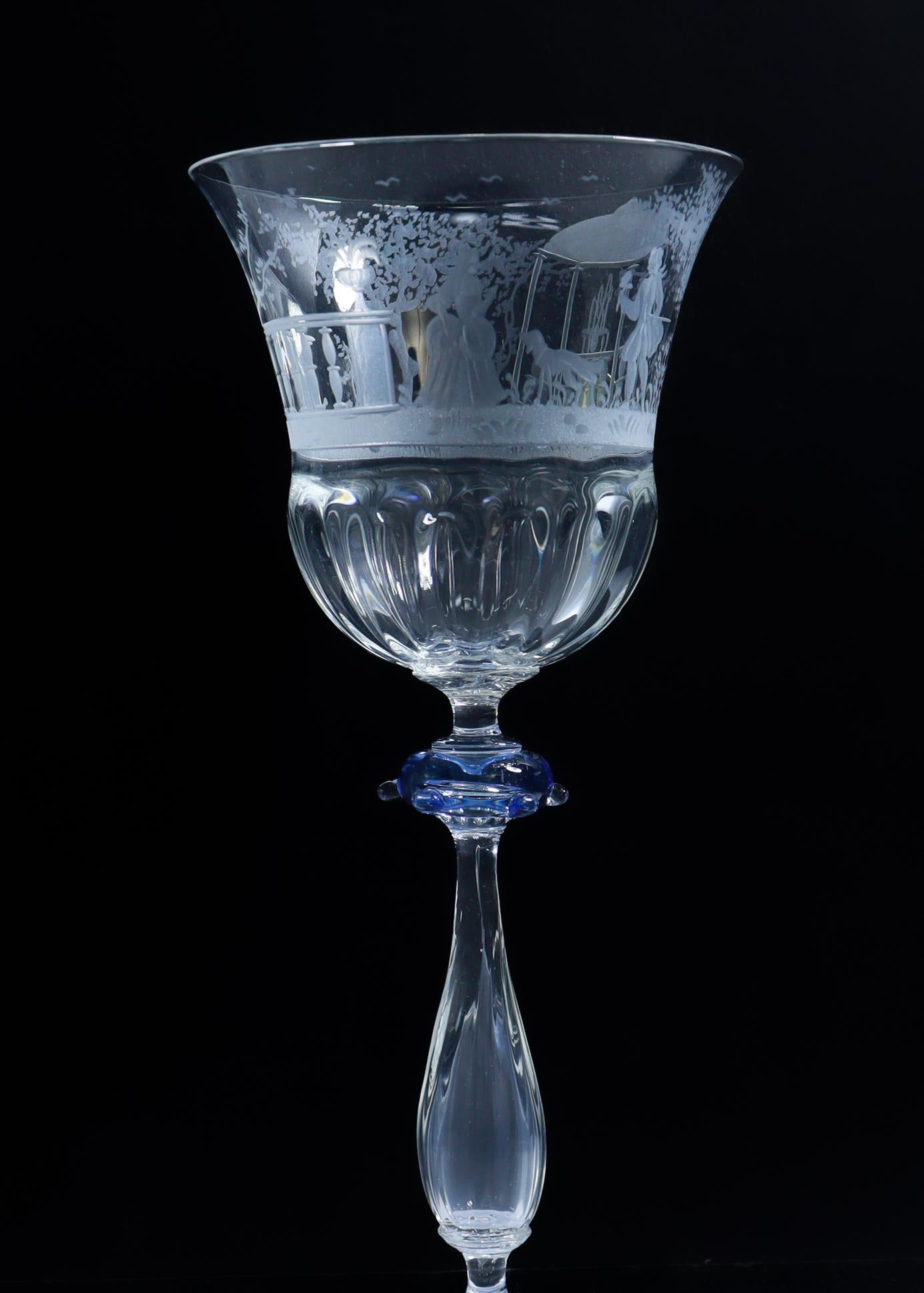Set of 12 Engraved Salviati Murano/Venetian Clear / Blue Glass Wine Goblet Stems In Good Condition In Philadelphia, PA