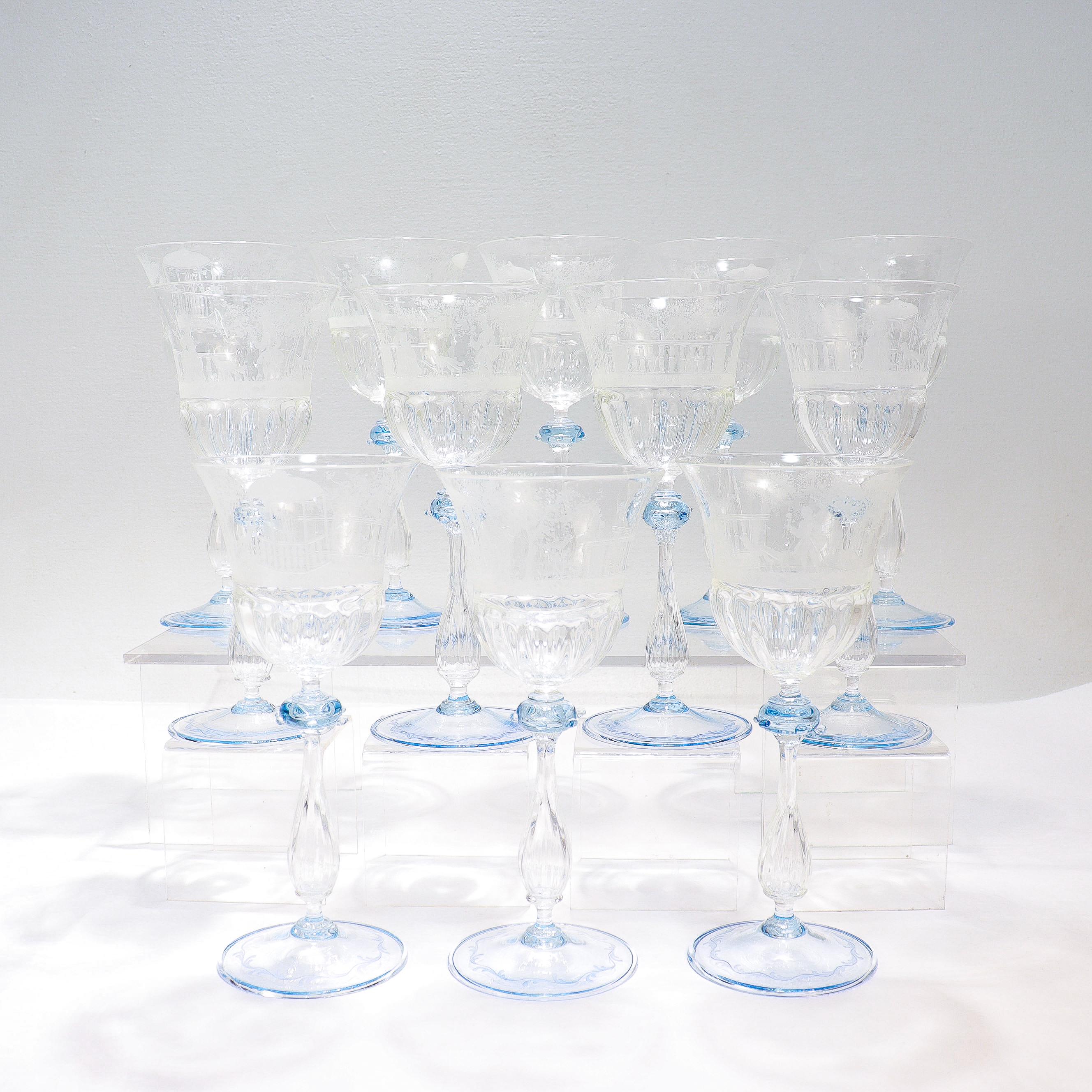 20th Century Set of 12 Engraved Salviati Murano/Venetian Clear / Blue Glass Wine Goblet Stems