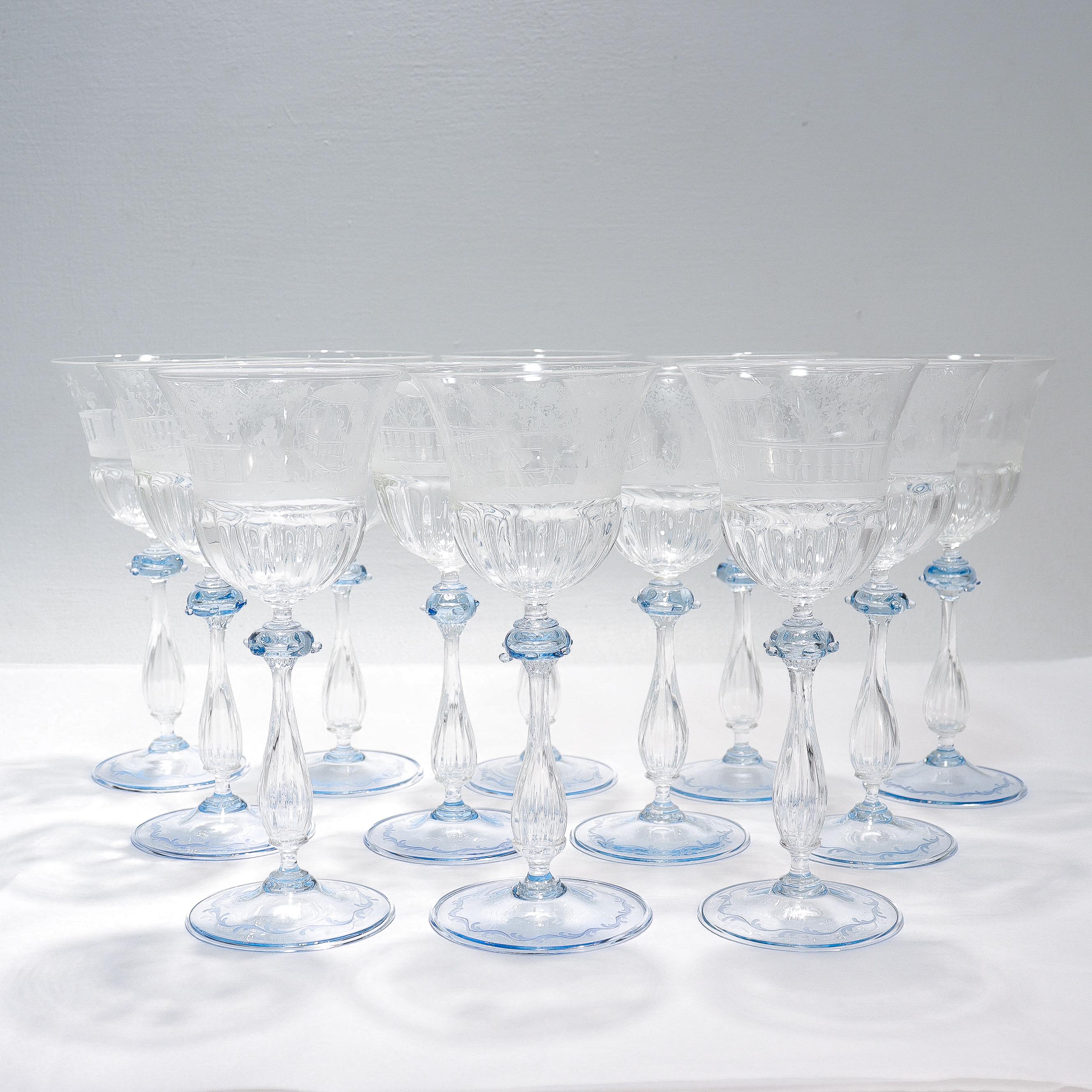 Set of 12 Engraved Salviati Murano/Venetian Clear / Blue Glass Wine Goblet Stems 1