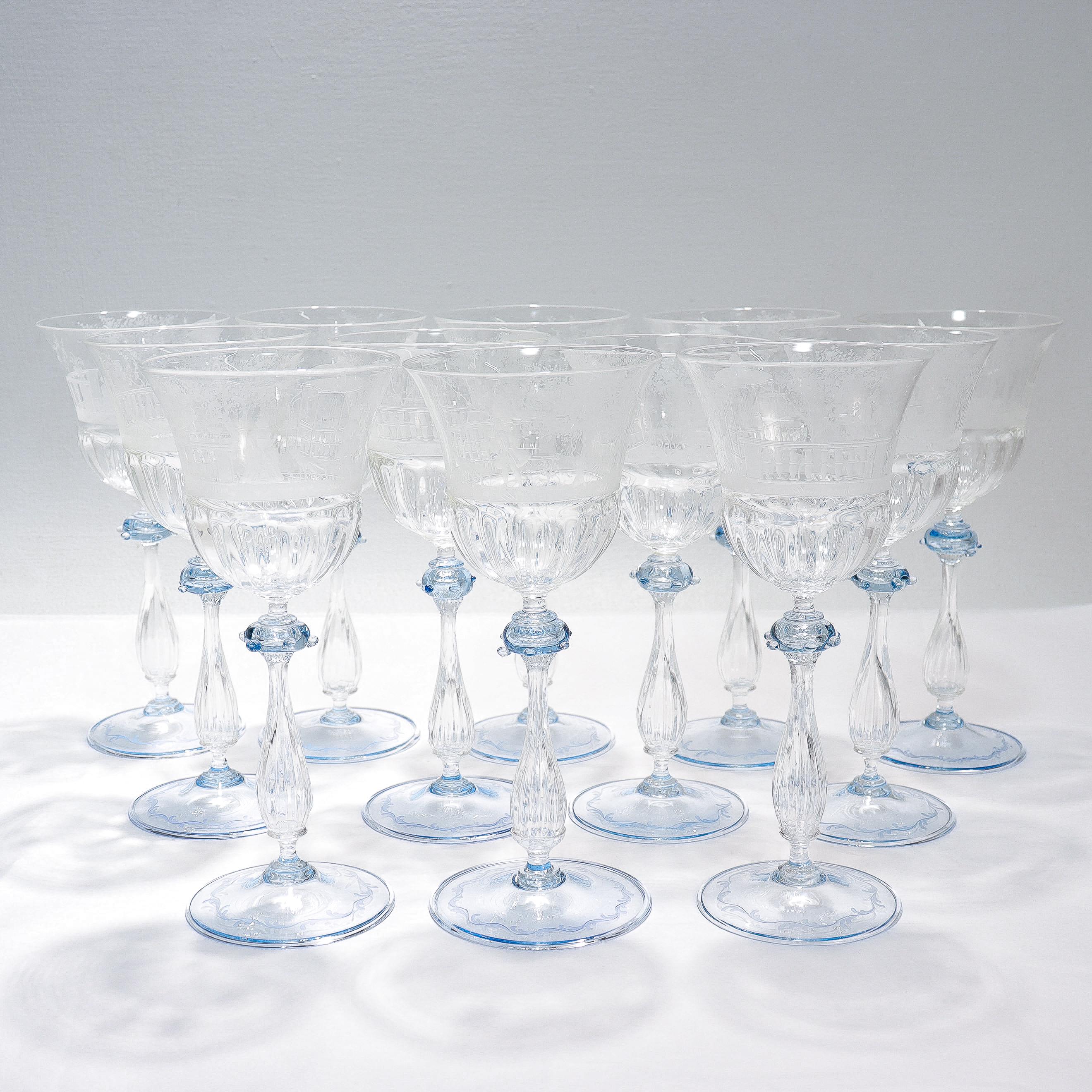 Set of 12 Engraved Salviati Murano/Venetian Clear / Blue Glass Wine Goblet Stems 2