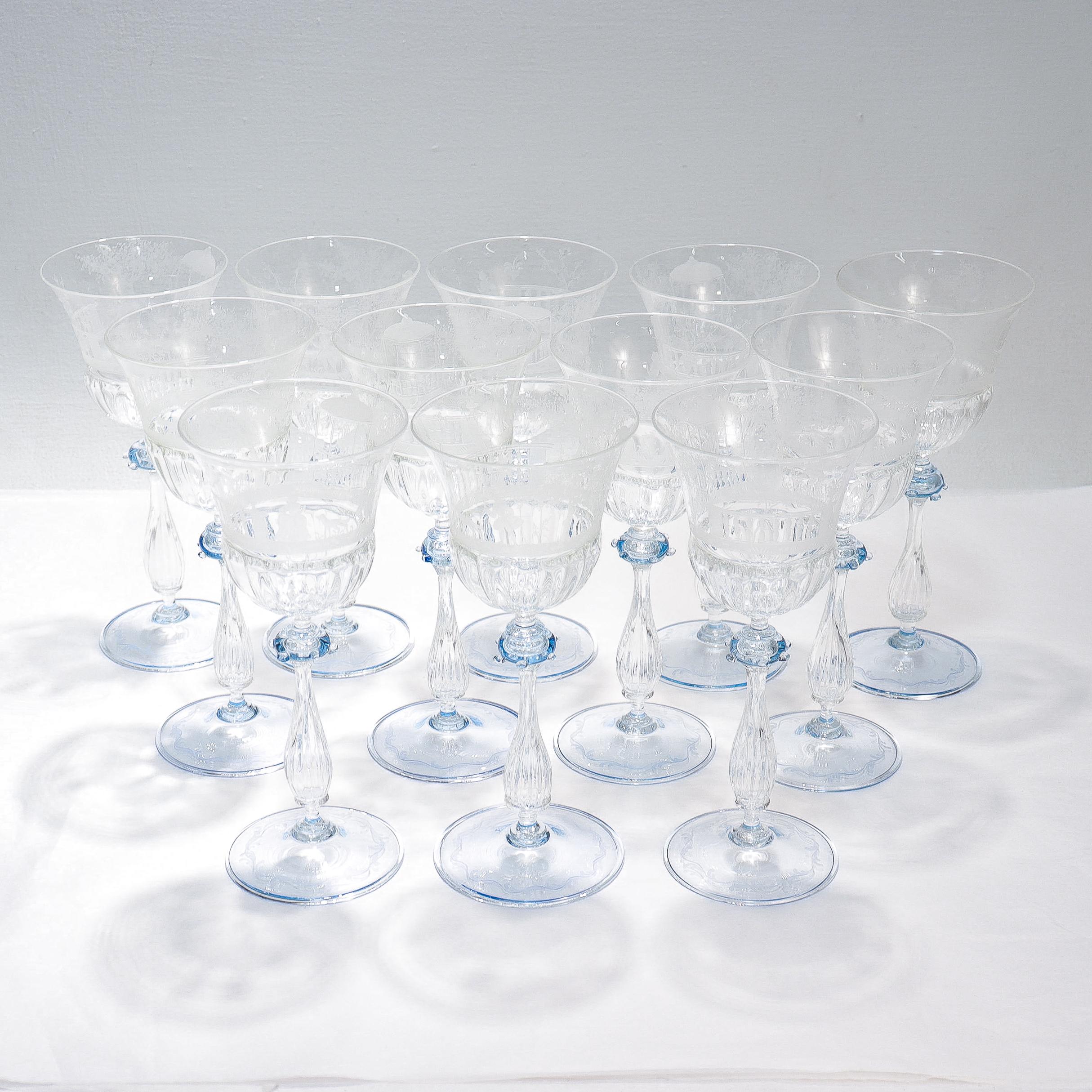 Set of 12 Engraved Salviati Murano/Venetian Clear / Blue Glass Wine Goblet Stems 3