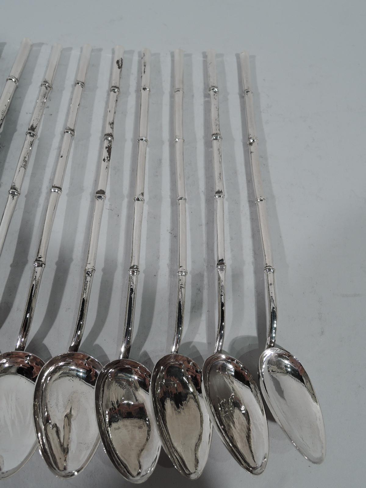 Set of 12 Chinese silver iced tea spoons. Each bamboo-form shaft and ovoid bowl. Exotic stirrers for the next drinks party. Hallmarked. Total weight: 4.5 troy ounces.