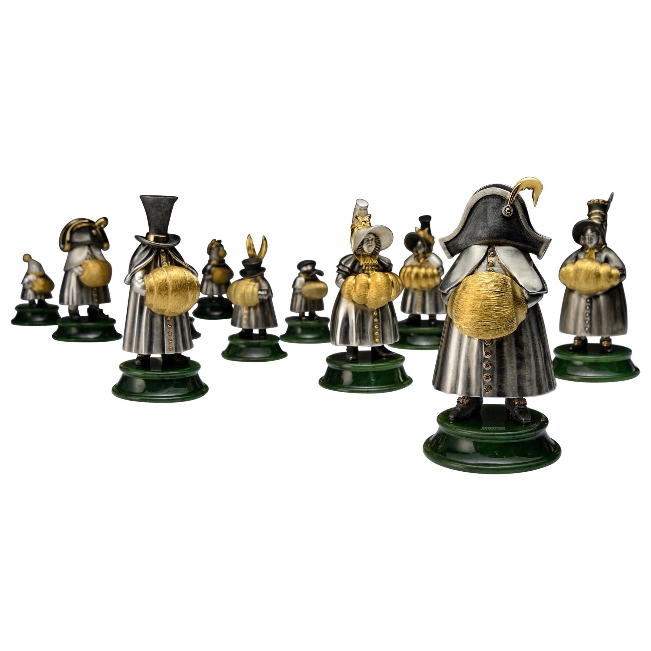 22 Sterling Silver Jade Stand Set of 12 Figurines For Sale