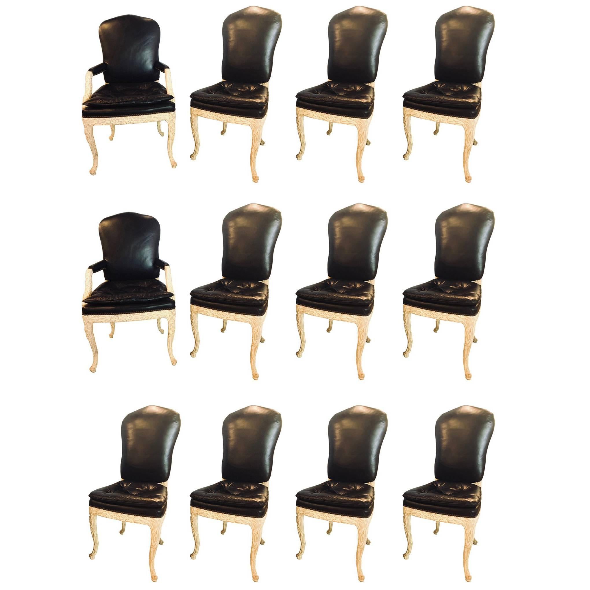 Set of 12 Fine Maison Jansen Black Leather Serge Roche Carved Dining Chairs