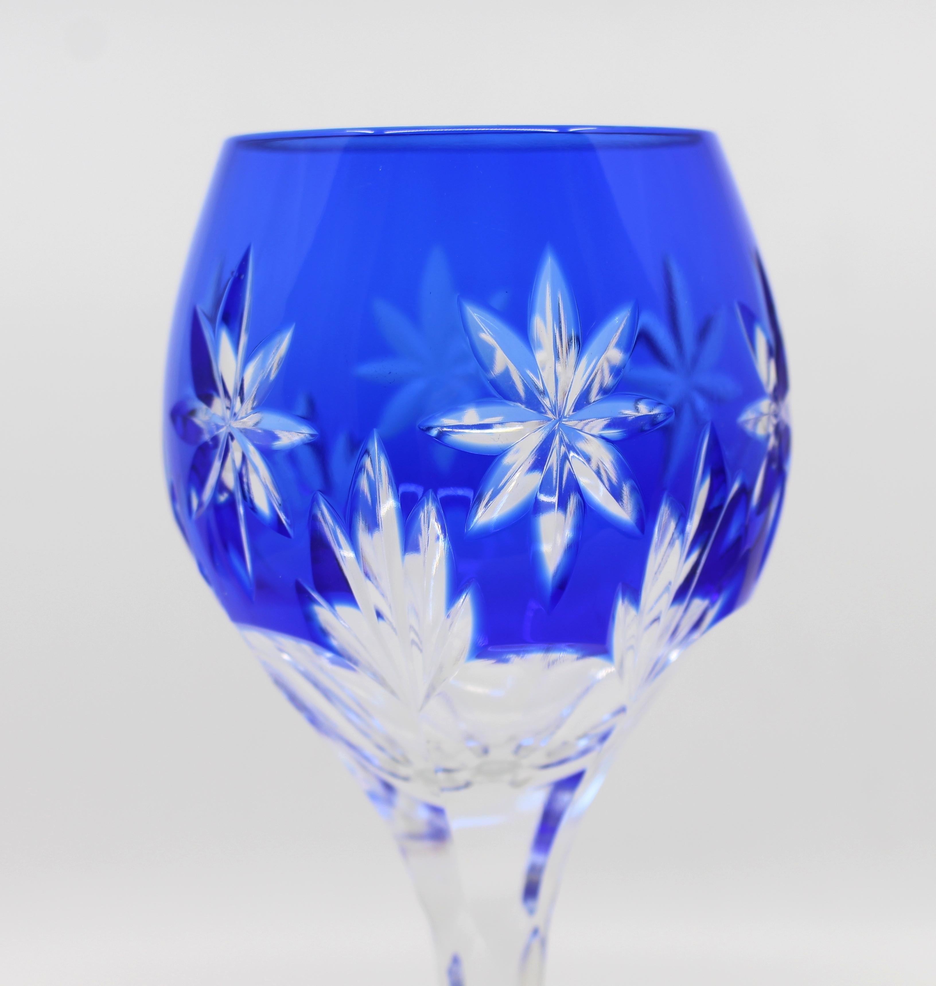 20th Century Set of 12 Fine Vintage Blue Overlay Crystal Wine Glasses For Sale