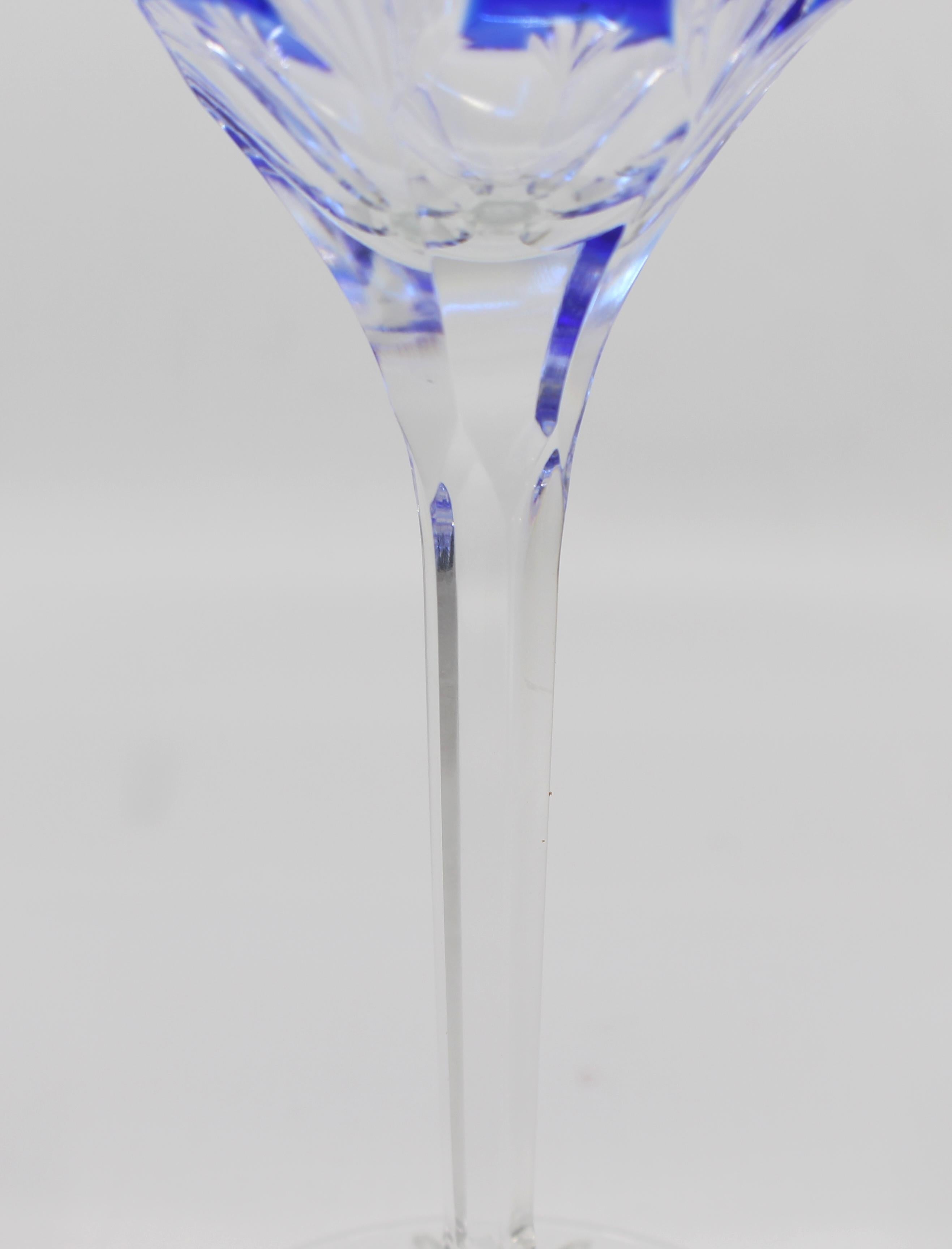 Set of 12 Fine Vintage Blue Overlay Crystal Wine Glasses For Sale 1