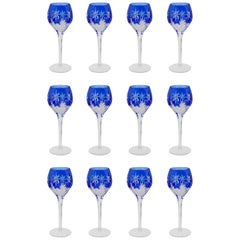 Set of 12 Fine Vintage Blue Overlay Crystal Wine Glasses