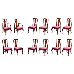 Antique Set of 12 Flame Walnut Dining Chairs