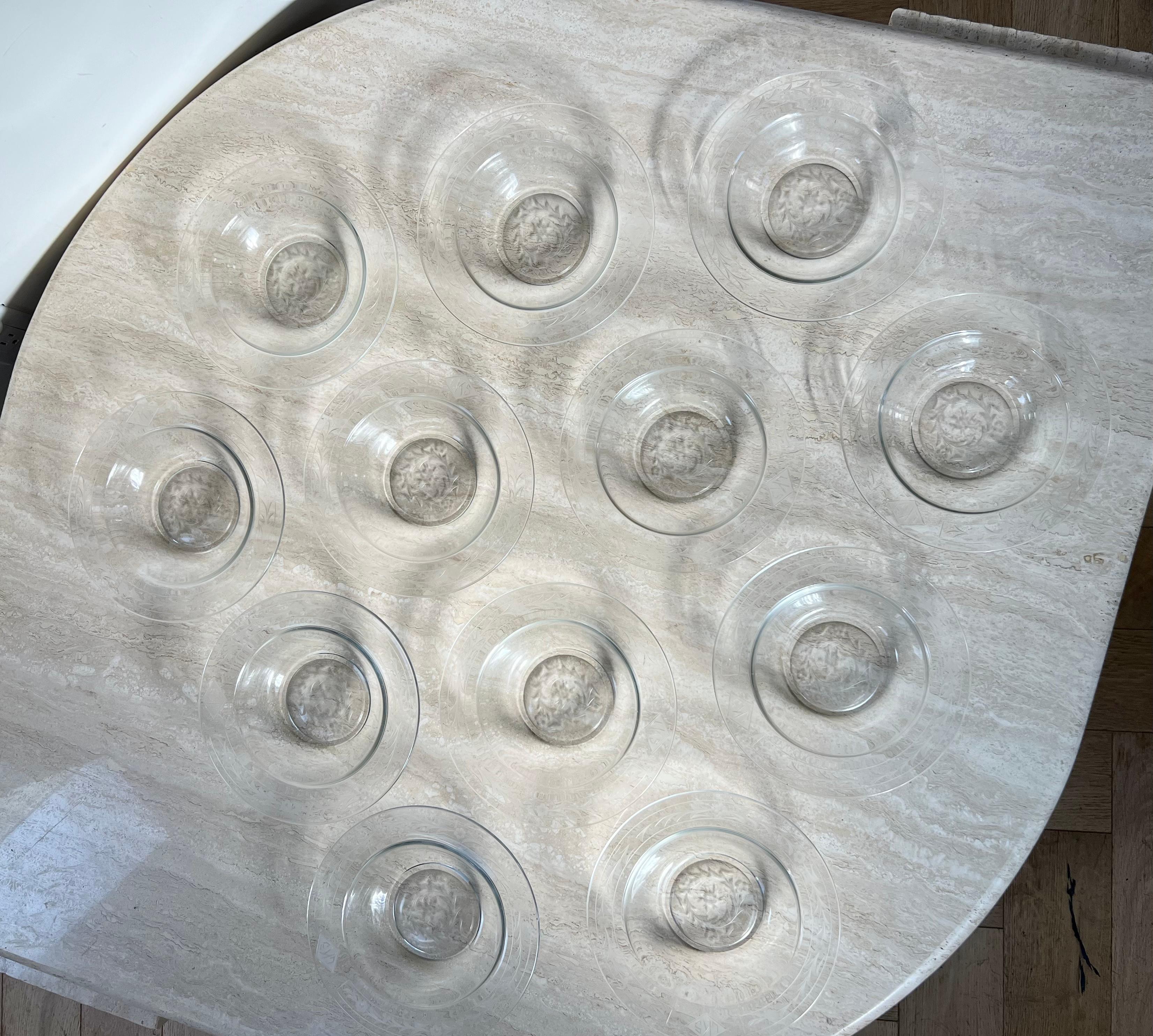 Art Nouveau Set of 12 Floral Engraved Glass Plates, 20th Century