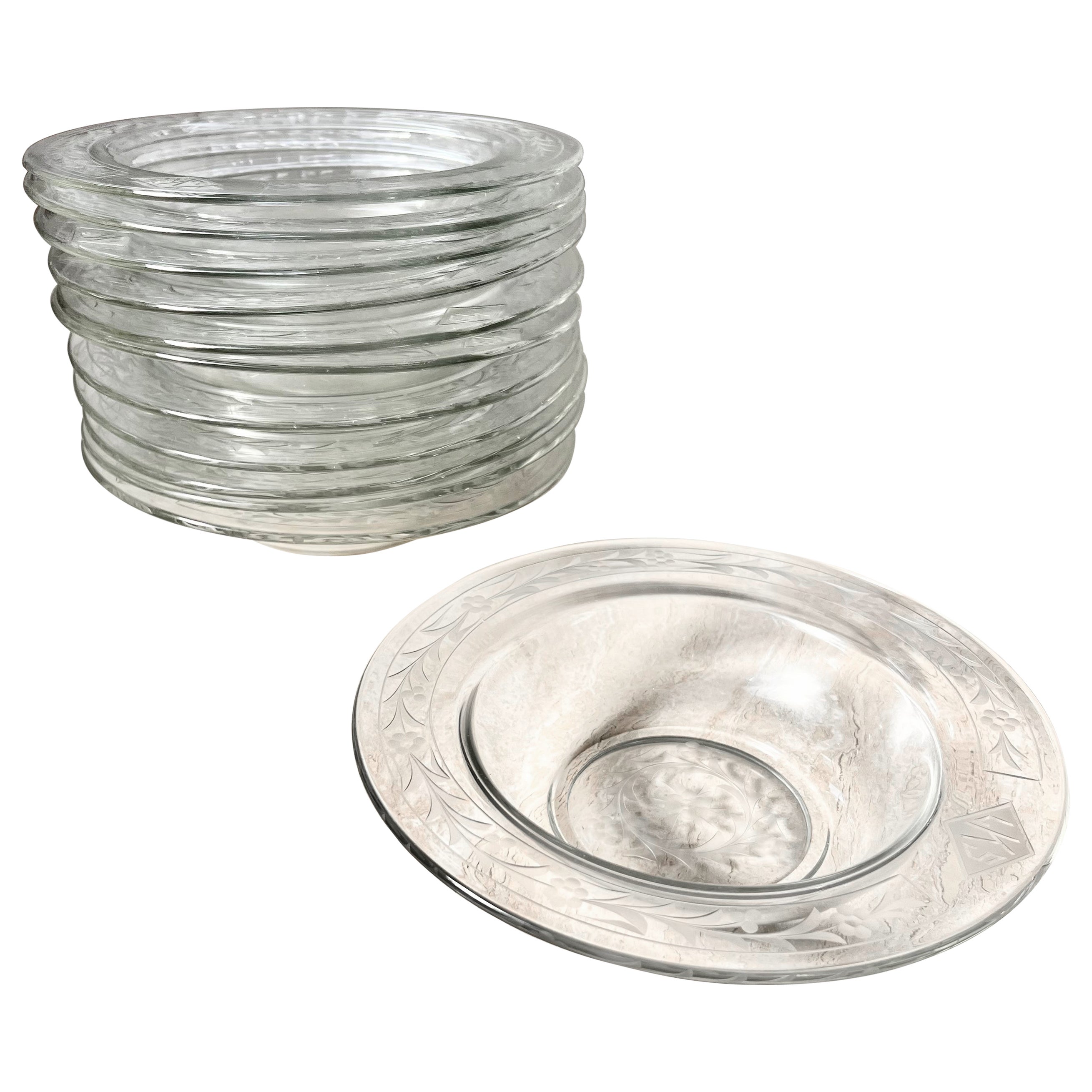 Set of 12 Floral Engraved Glass Plates, 20th Century