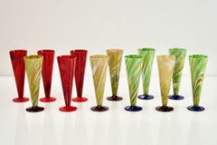 Set of 12 Flutes in Murano Glass by Cenedese, marbelized glass in various colors