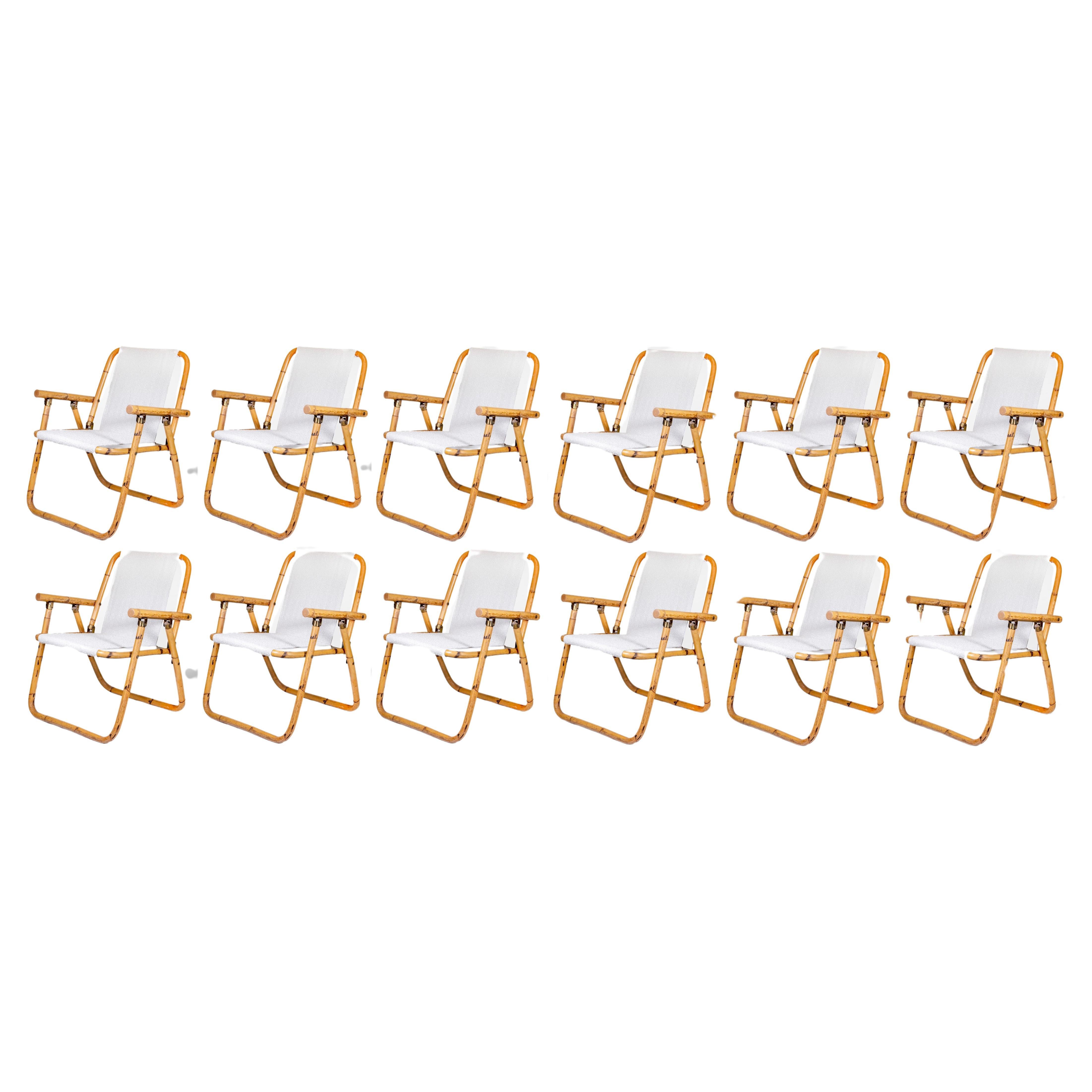 Set of 12 folding chairs in Bamboo and fabric, Vivai del Sud (attr.), Italy 1970
