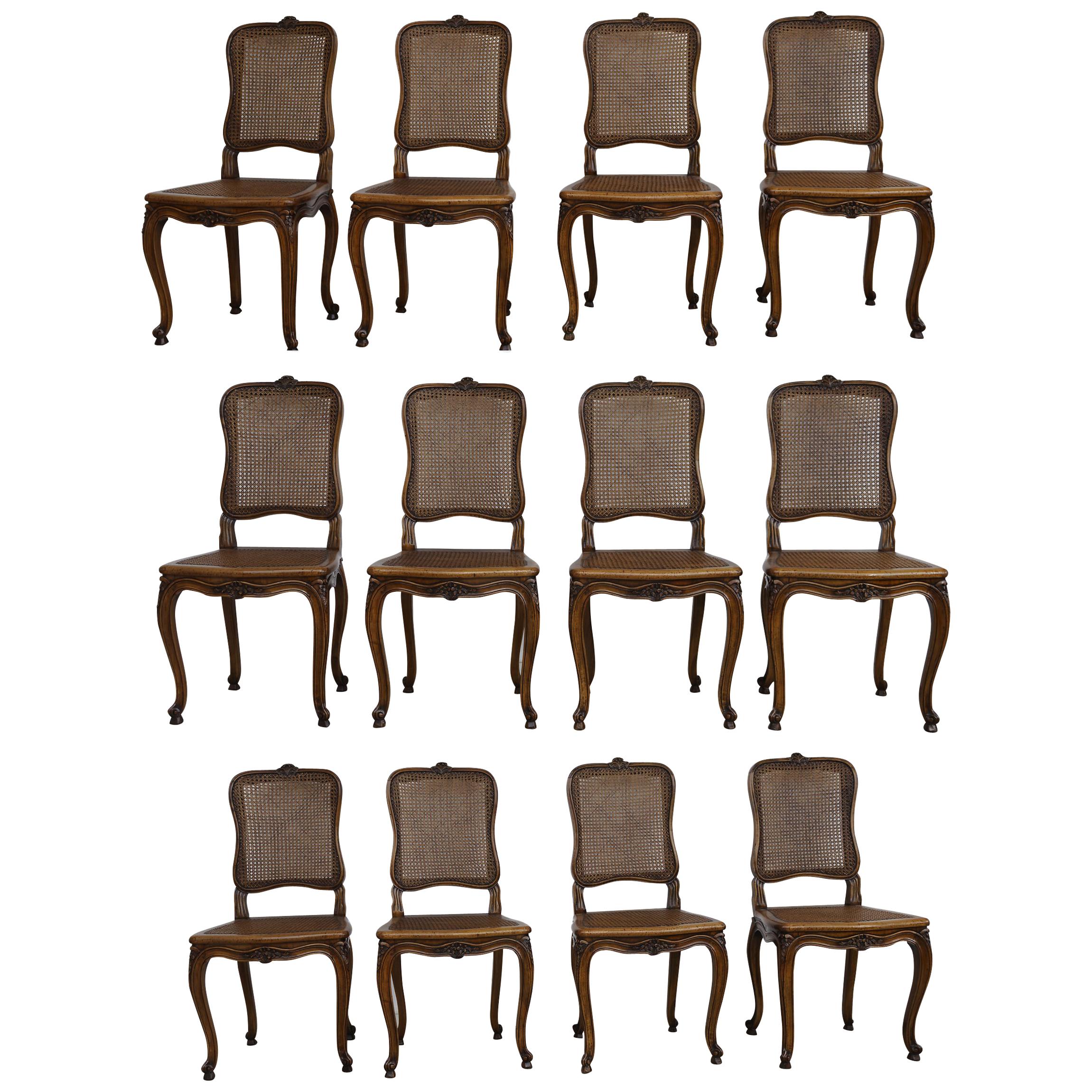 Set of 12 French Belle Époque Louis XV Style Caned Dining Chairs