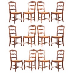 Set of 12 French Early 20th Century Rush Seat Chairs