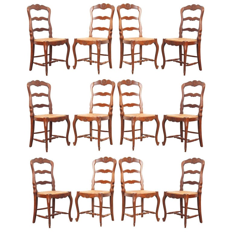 Set of 12 French Early 20th Century Rush Seat Chairs at 1stDibs