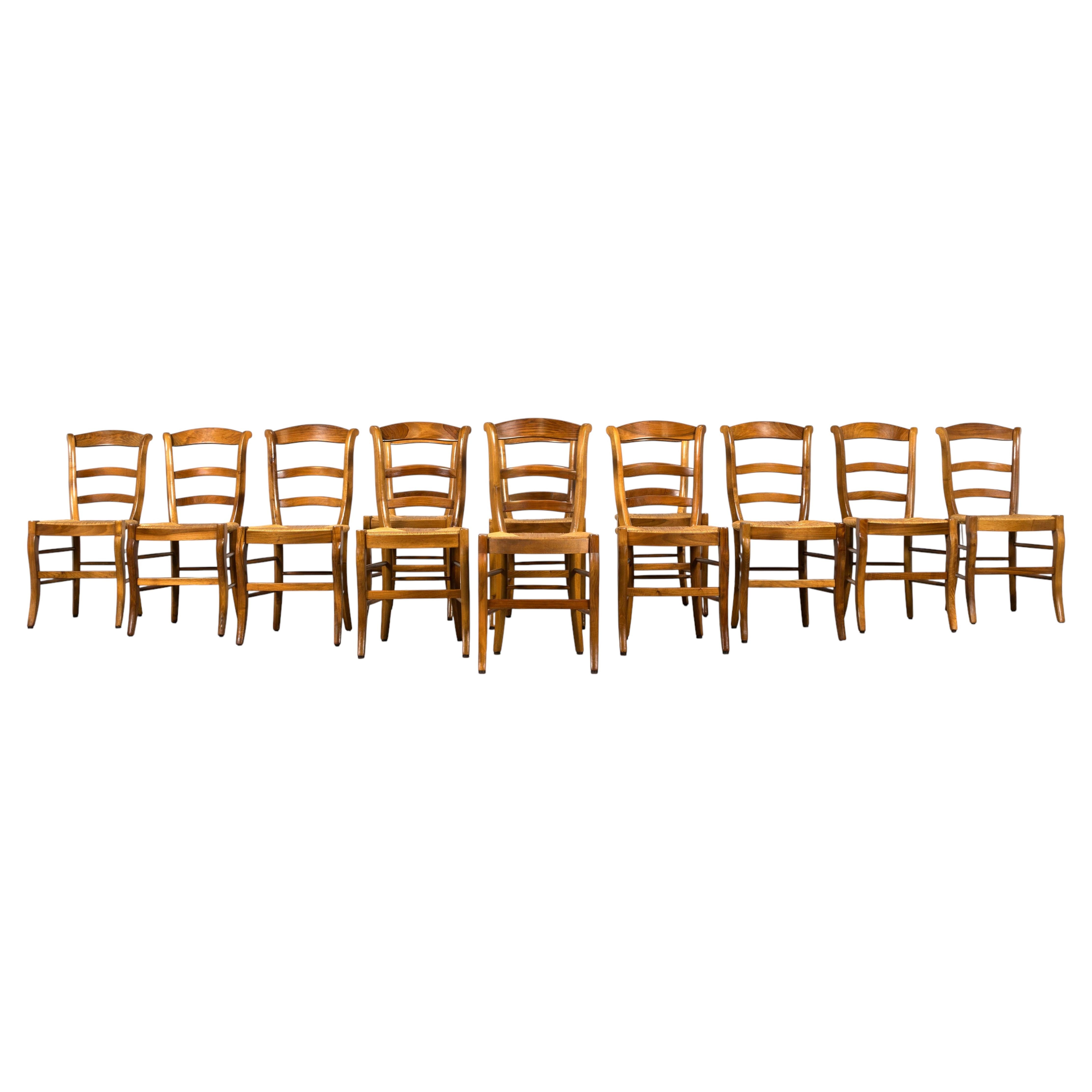 Twelve Louis Philippe Dining Chairs, Walnut & Rush, Provence, 1960