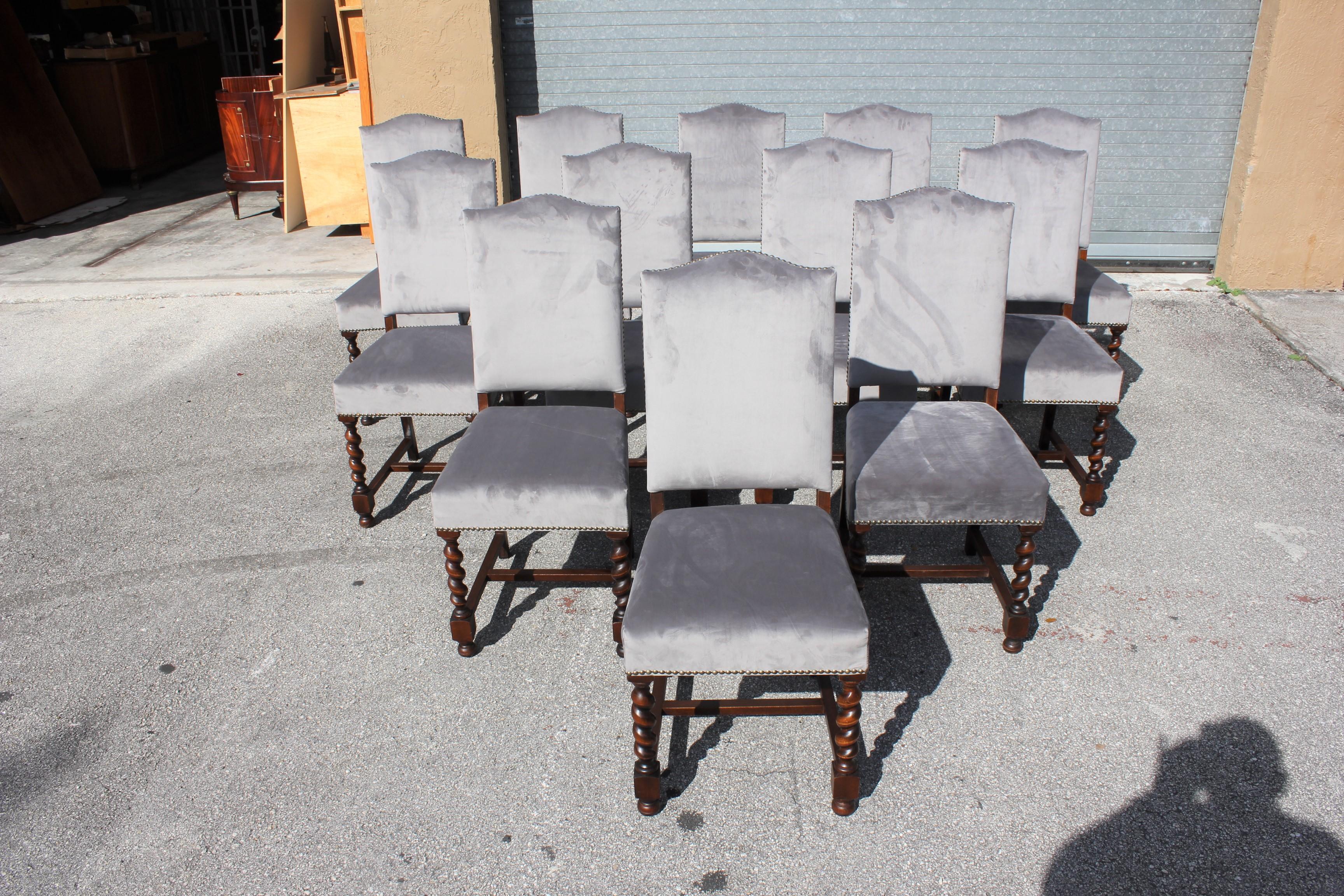 Velvet Set of 12 French Louis XIII Style Barley Twist Solid Walnut Dining Chairs, 1900s
