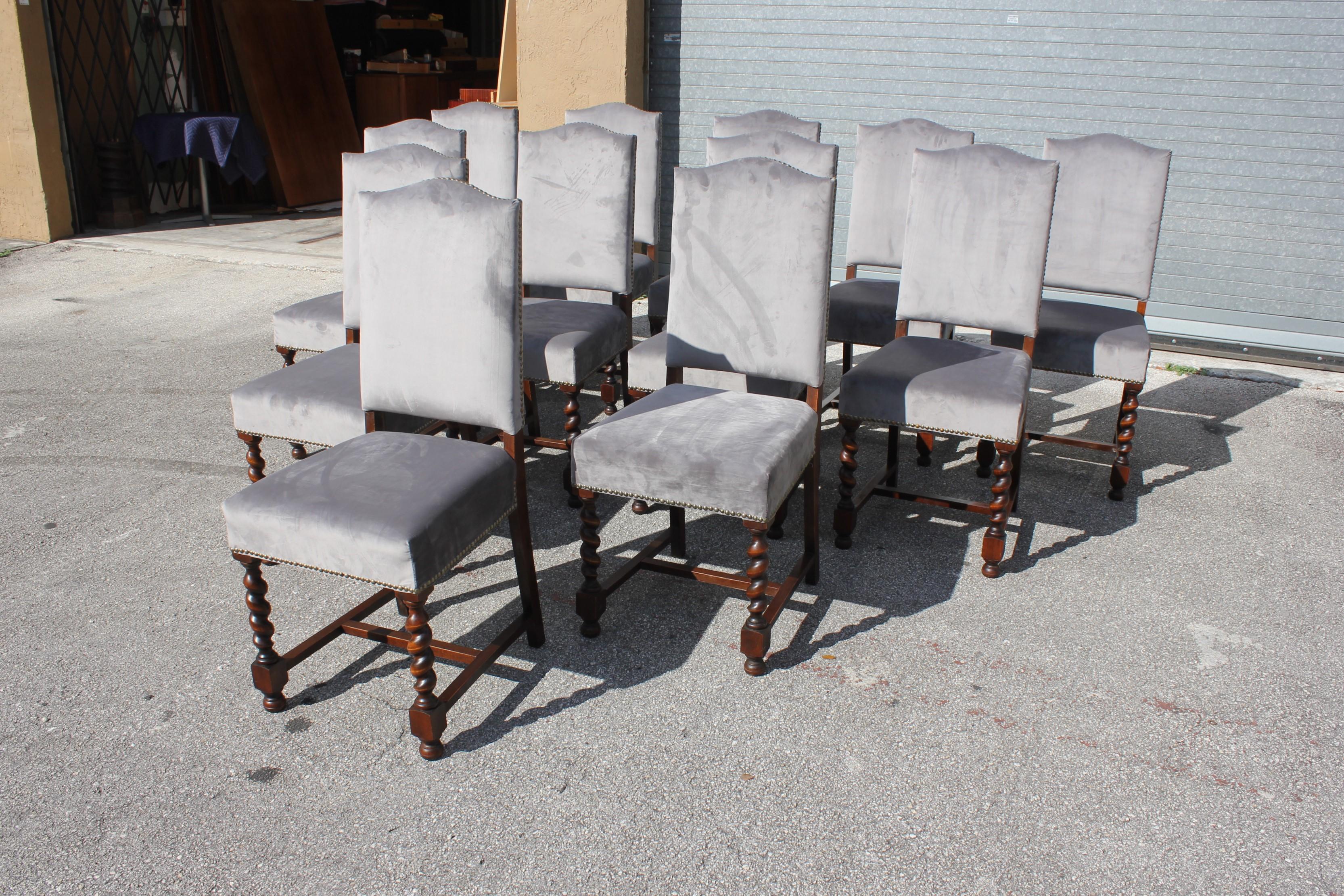 Set of 12 French Louis XIII Style Barley Twist Solid Walnut Dining Chairs, 1900s 1