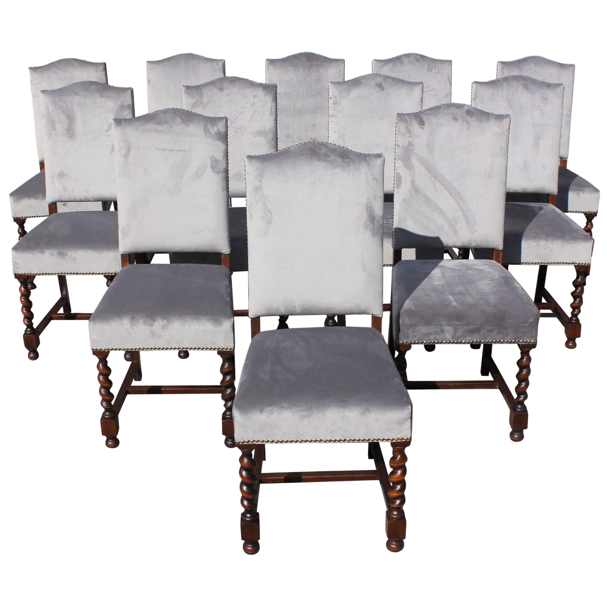 Set of 12 French Louis XIII Style Barley Twist Solid Walnut Dining Chairs, 1900s