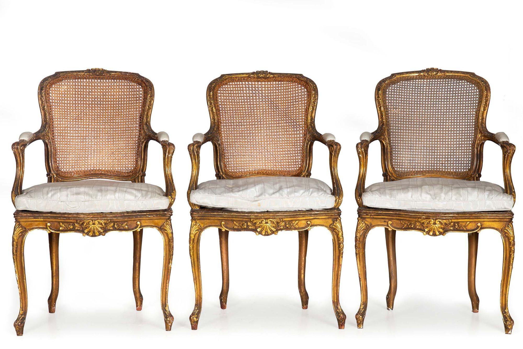 FRENCH LOUIS XV STYLE CARVED POLYCHROME AND GILT CANED DINING CHAIRS  SET OF 12
European  probably circa 1930
Item # 311LZP30P
An absolutely gorgeous set that remains remarkably complete, retaining a full twelve chairs, they are beautifully carved
