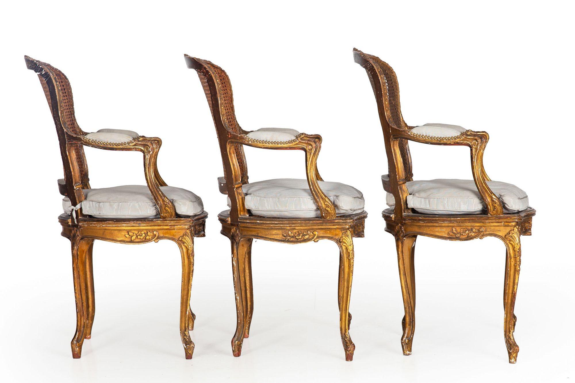 European Set of 12 French Louis XV Style Antique Caned and Polychromed Dining Chairs