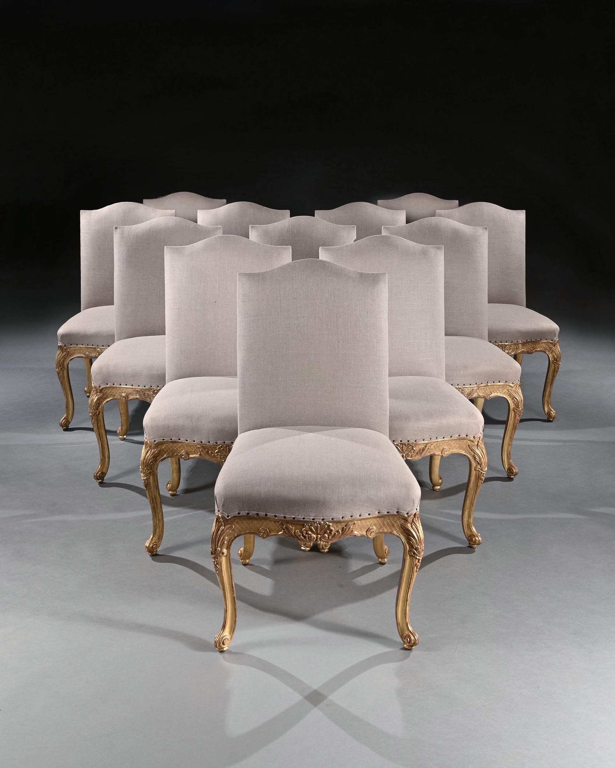 Set of 12 French Louis XV Style Giltwood Dining Chairs In Good Condition In Benington, Herts