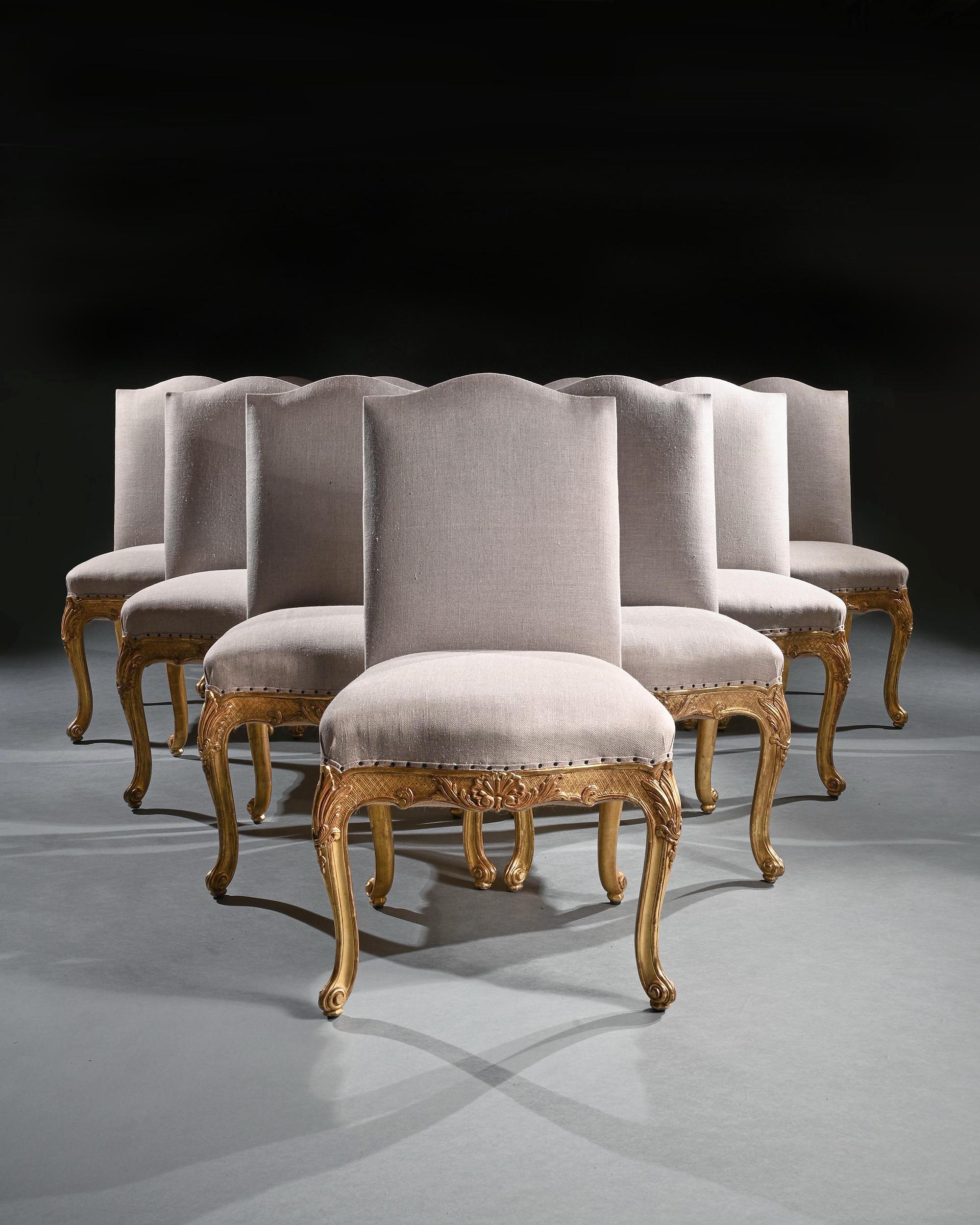 Mid-20th Century Set of 12 French Louis XV Style Giltwood Dining Chairs