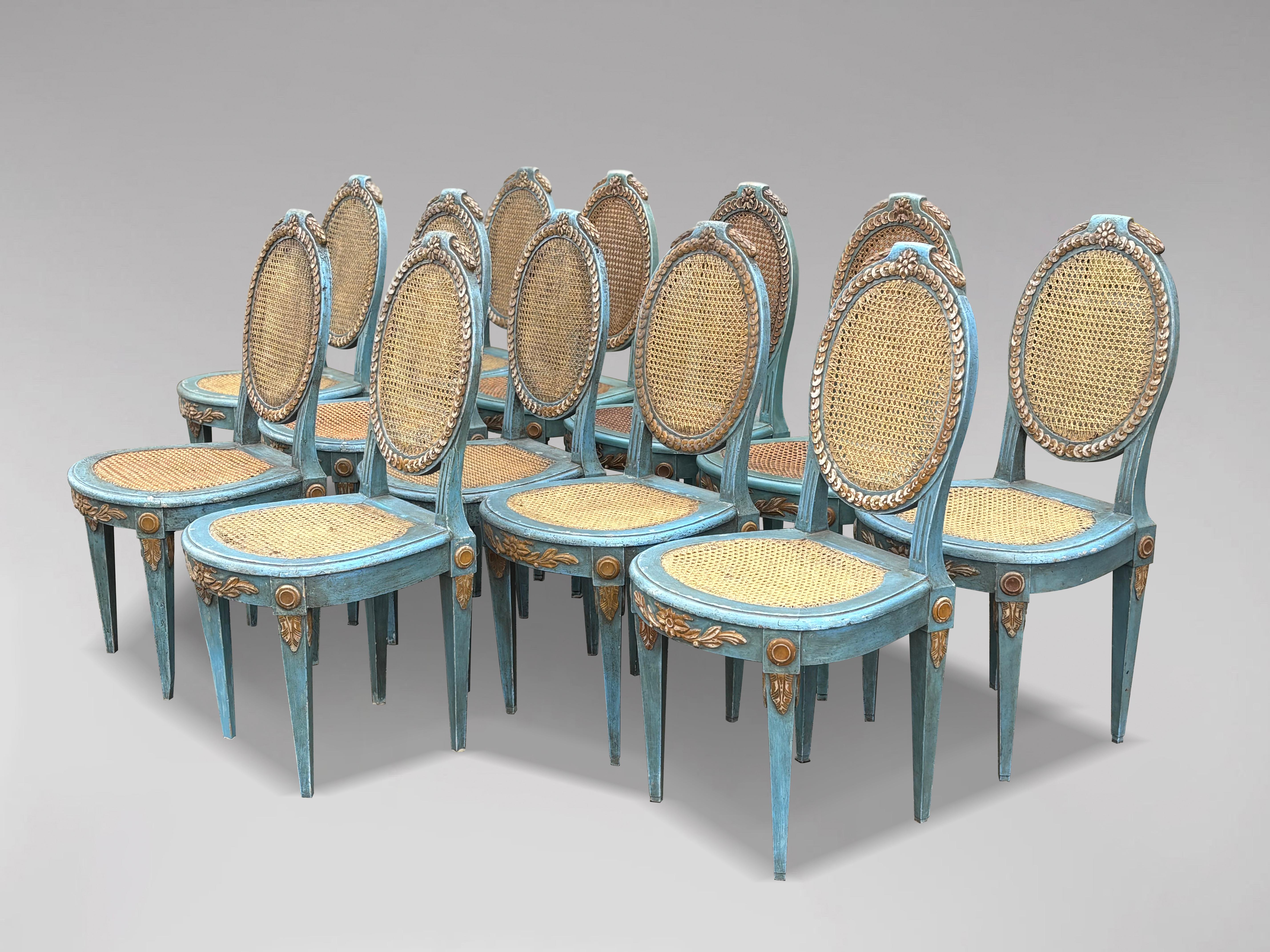 Set of 12 French Louis XVI Painted & Caned Dining Room Chairs (Louis XVI.) im Angebot