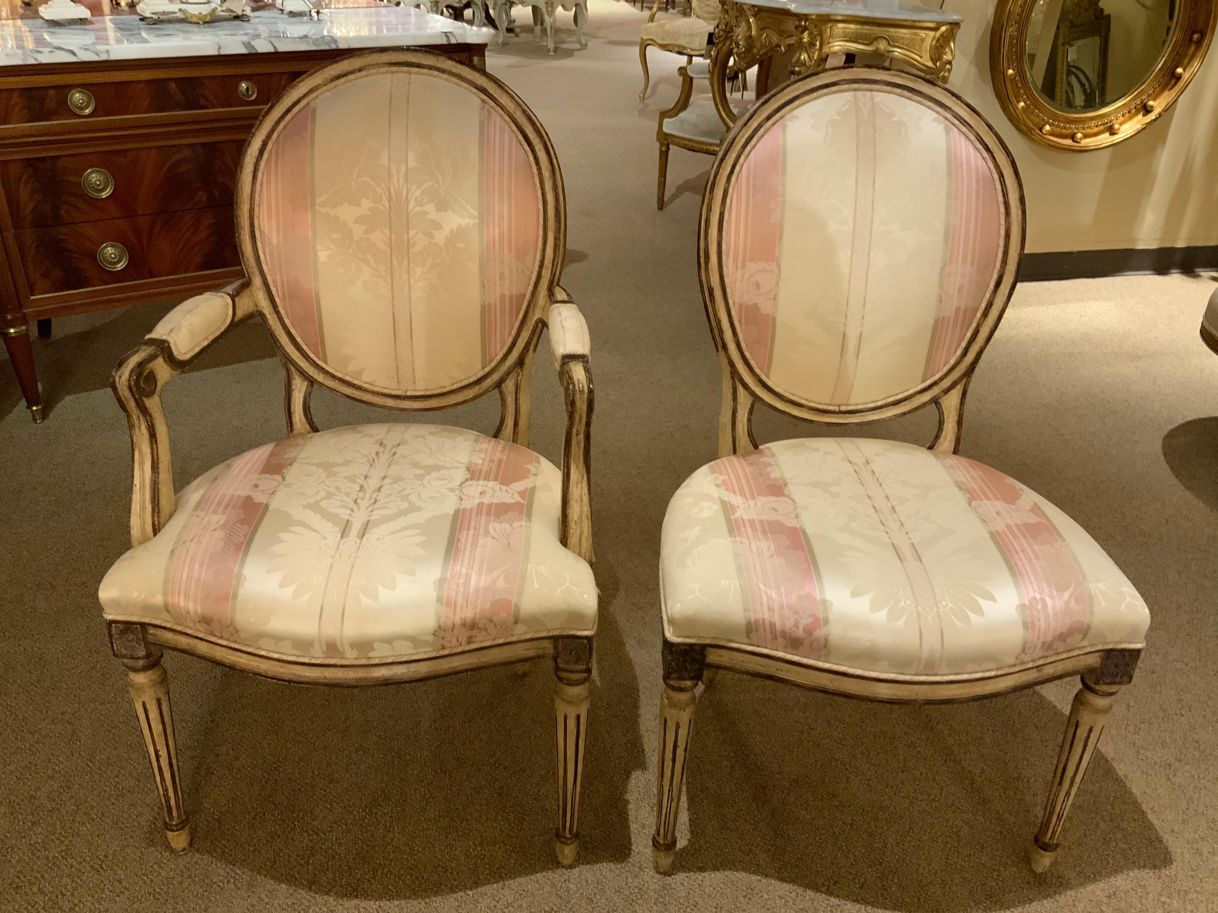 Set of 12/French Louis XVI-Style Dining Chairs, Faux Painted Cream and Bronze In Good Condition In Houston, TX