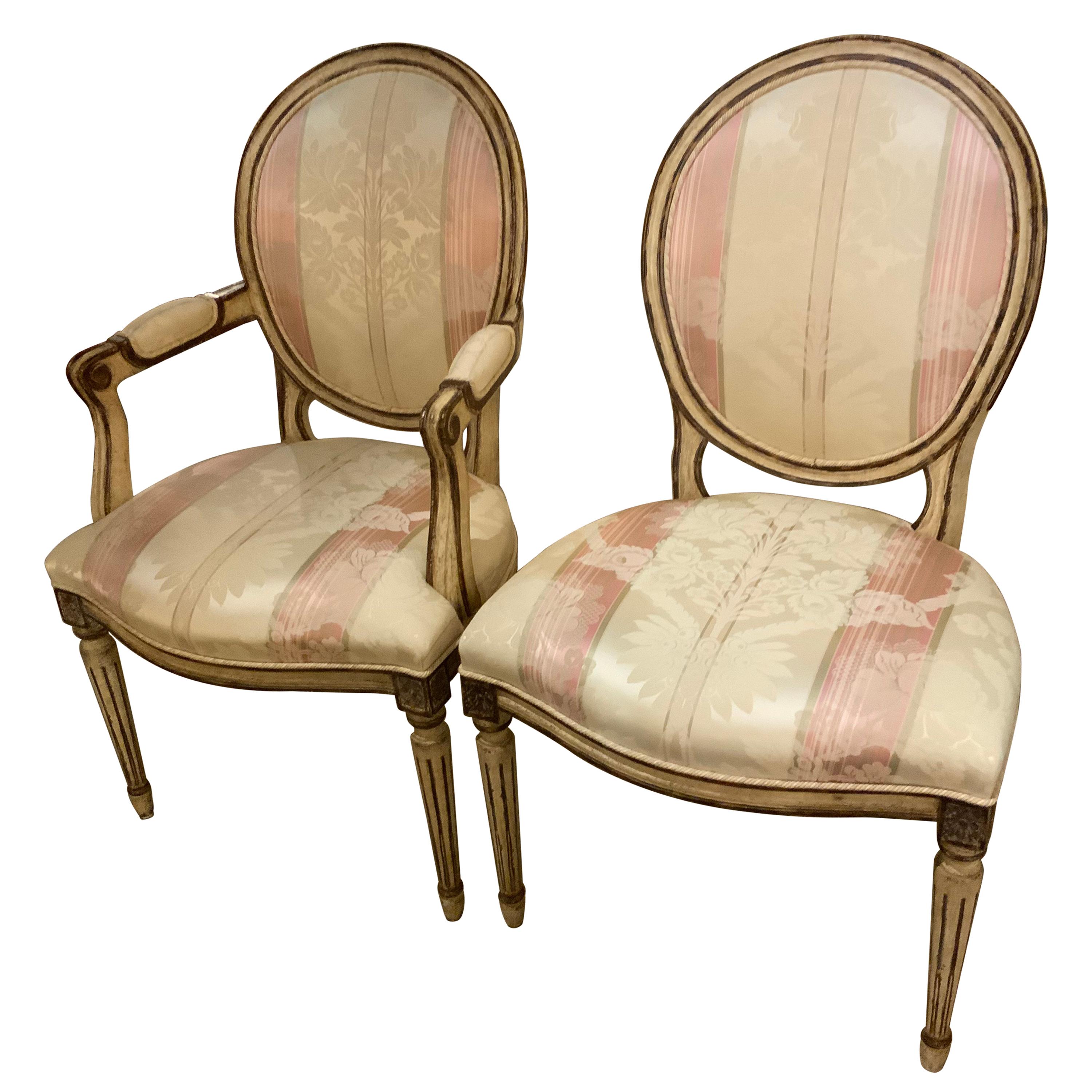 Set of 12/French Louis XVI-Style Dining Chairs, Faux Painted Cream and Bronze