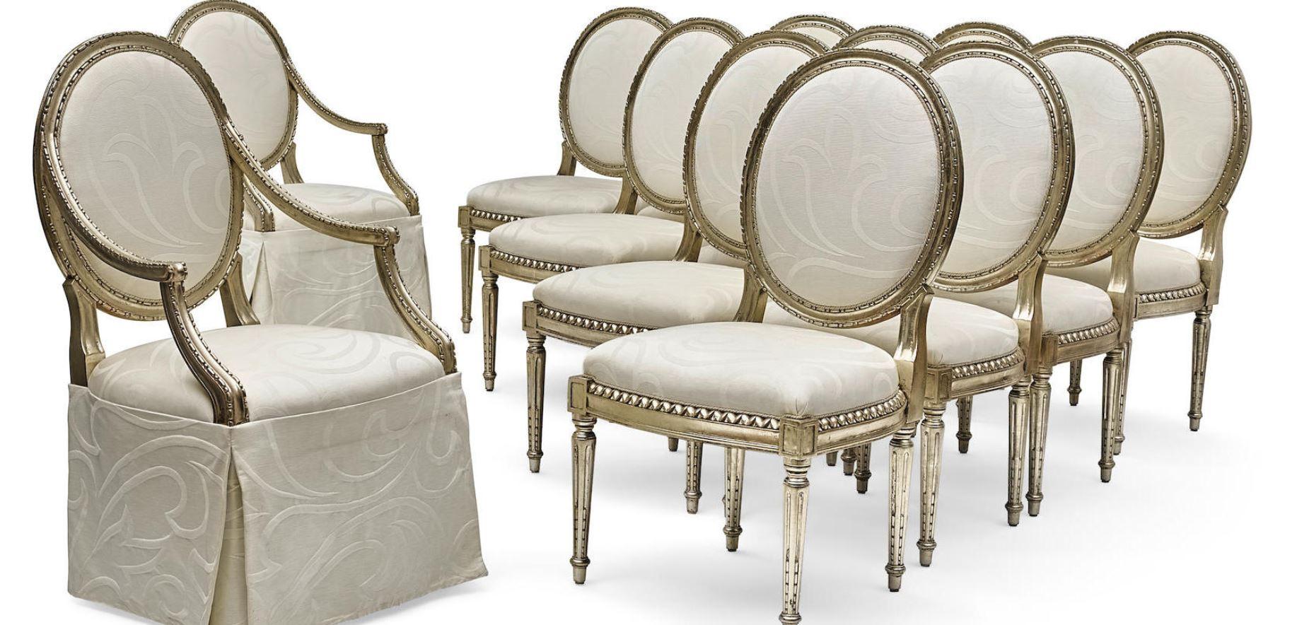 Hand-Carved Set of 12 French Louis XVI Style Silver Dining Chairs