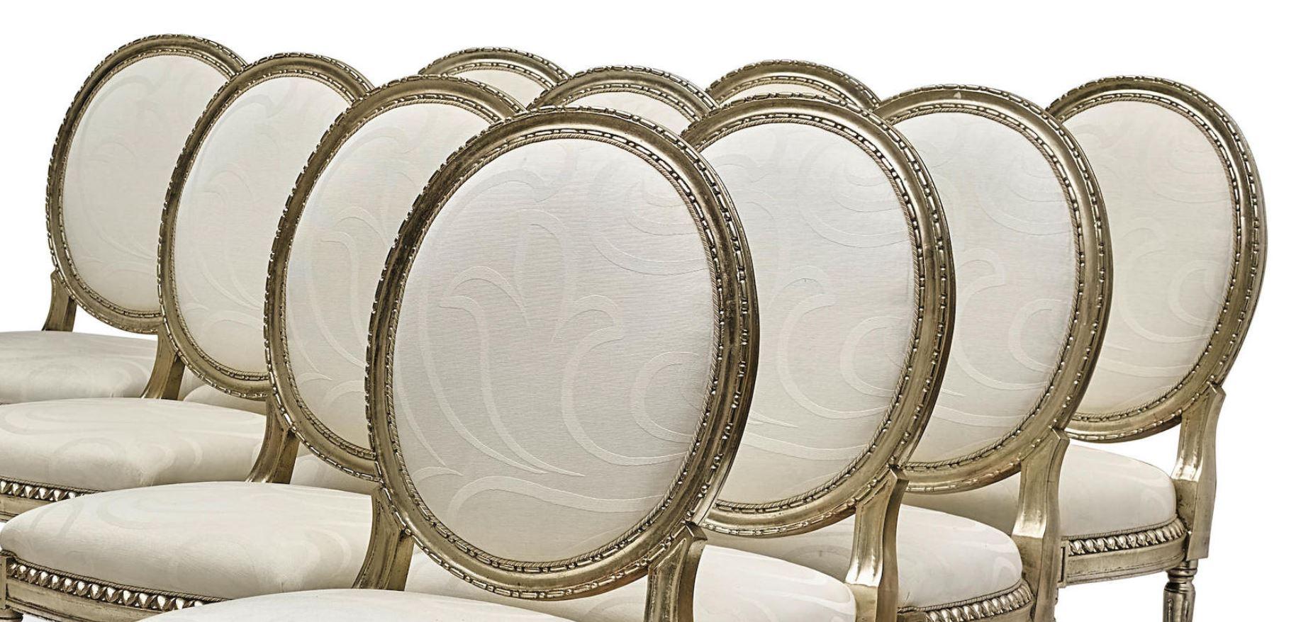 Set of 12 French Louis XVI Style Silver Dining Chairs In Good Condition In Cypress, CA