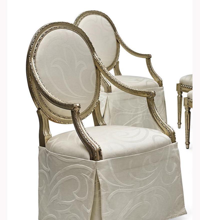 Wood Set of 12 French Louis XVI Style Silver Dining Chairs