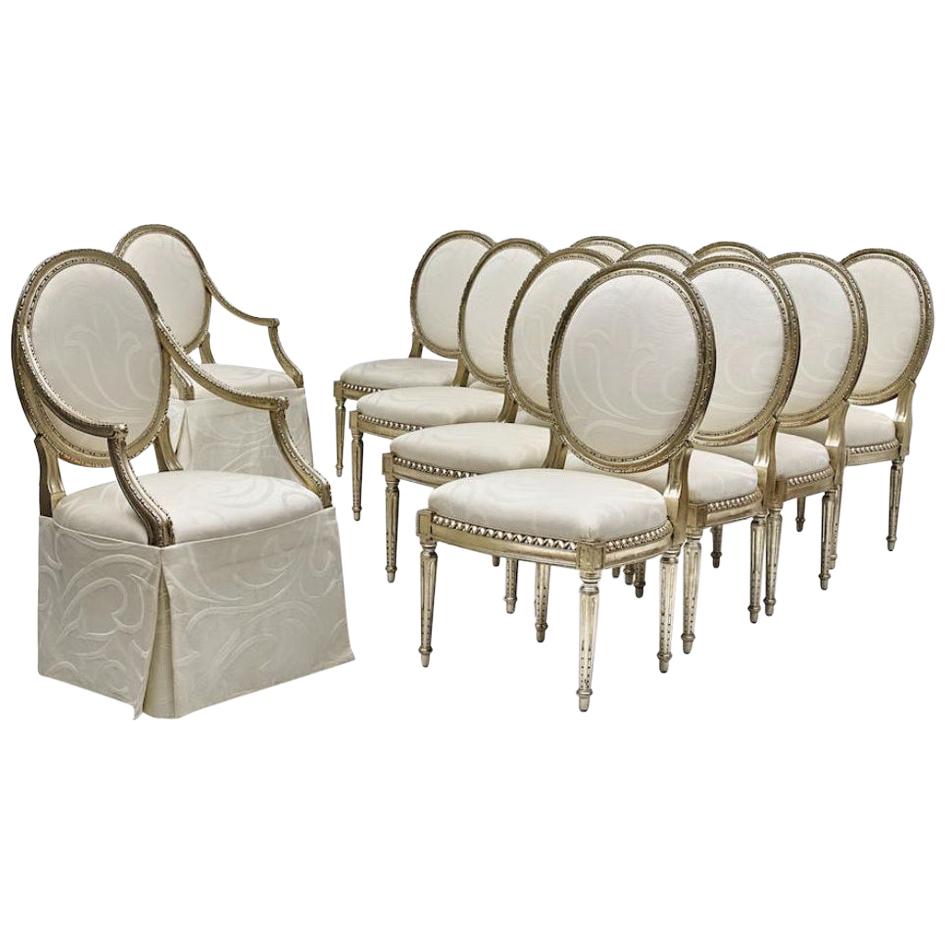 Set of 12 French Louis XVI Style Silver Dining Chairs