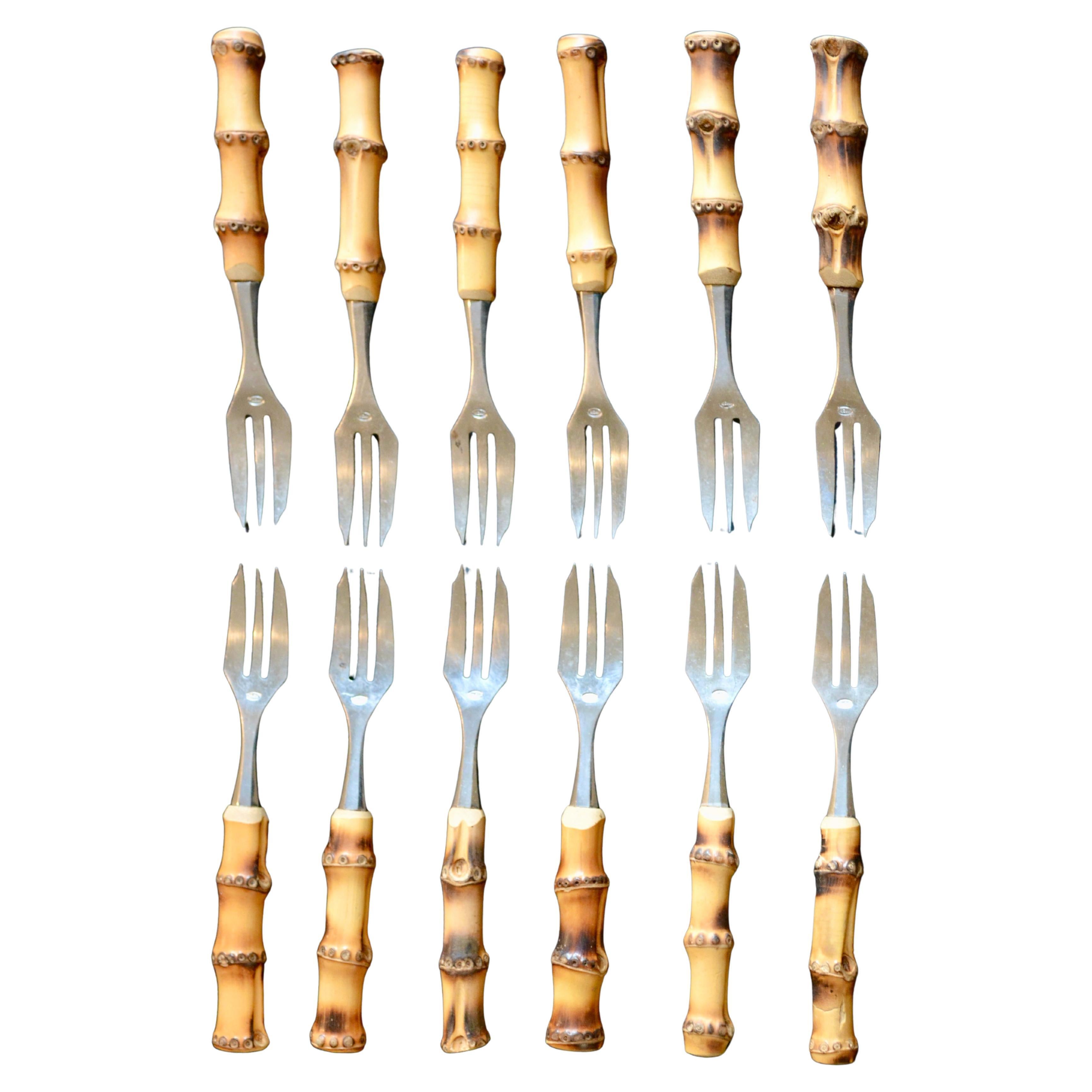 Set of 12 French Mid-Century Dessert Forks, 1950s, Jacques Adnet Style, Bamboo H