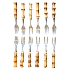 Set of 12 French Mid-Century Dessert Forks, 1950s, Jacques Adnet Style, Bamboo H