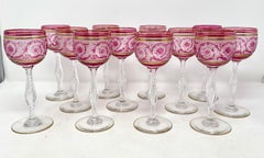 Set of 12 French St. Louis Crystal Cranberry Acid-Cut with Gold Wine Glasses.