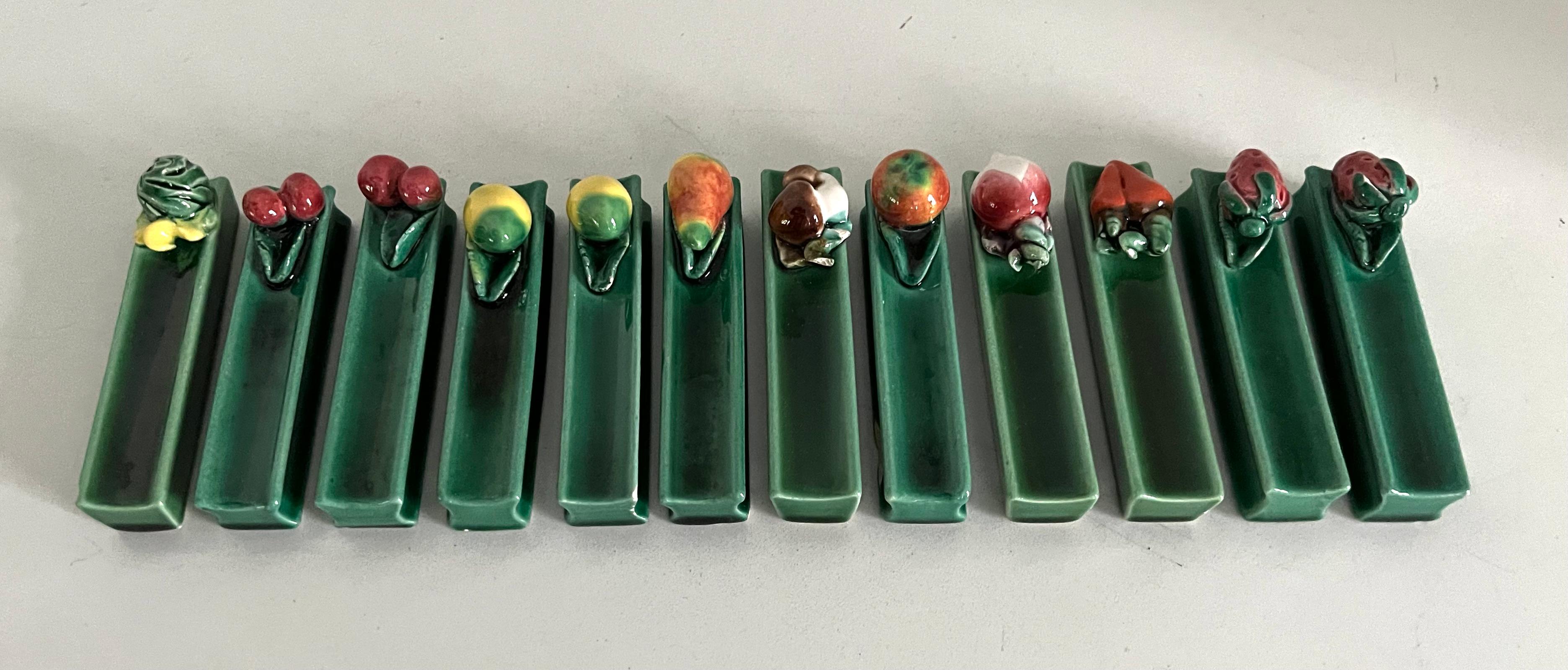 Mid-Century Modern Set of 12 French Vallauris Majolica Knife Rests with Fruit and Vegetables