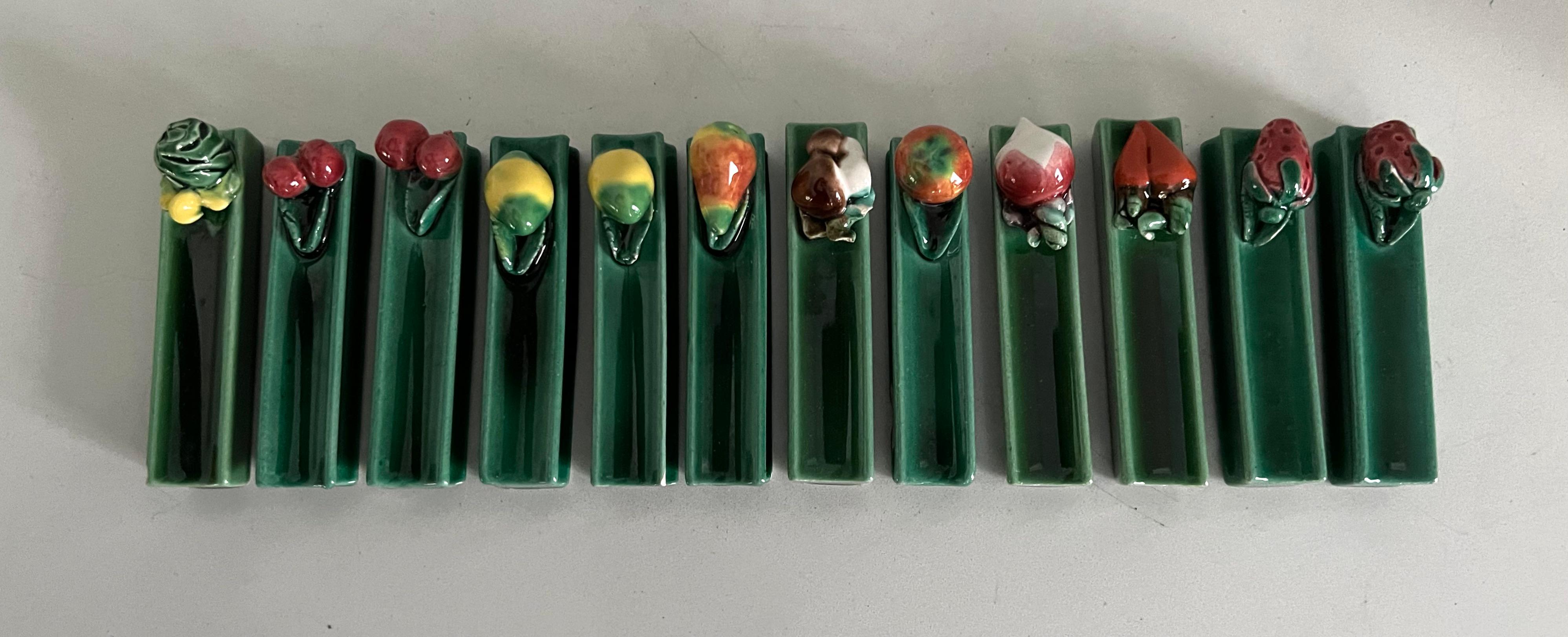 Glazed Set of 12 French Vallauris Majolica Knife Rests with Fruit and Vegetables