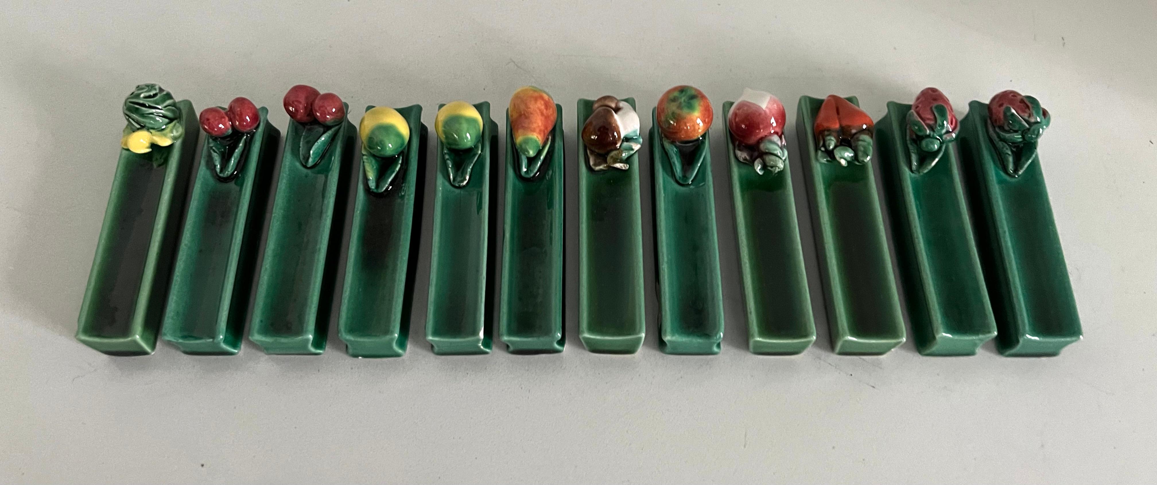 Set of 12 French Vallauris Majolica Knife Rests with Fruit and Vegetables In Good Condition In Los Angeles, CA