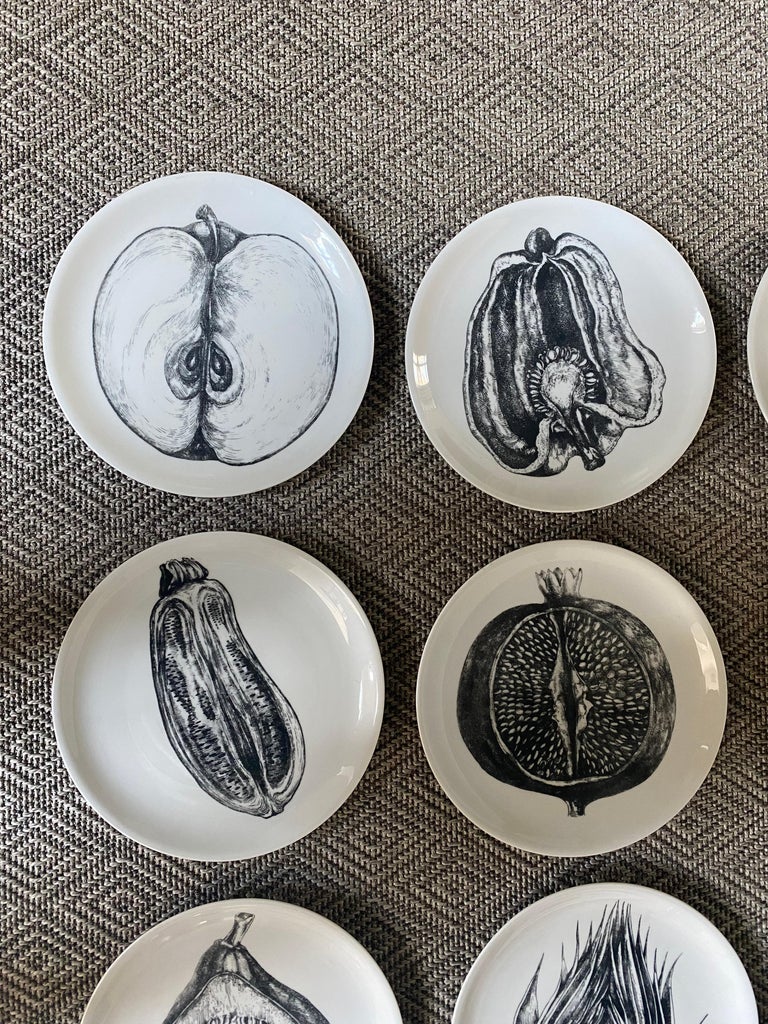 Set of 12 Fruit Vegetable Fornasetti Plates Black White Transfer Print, Italy For Sale at 1stDibs