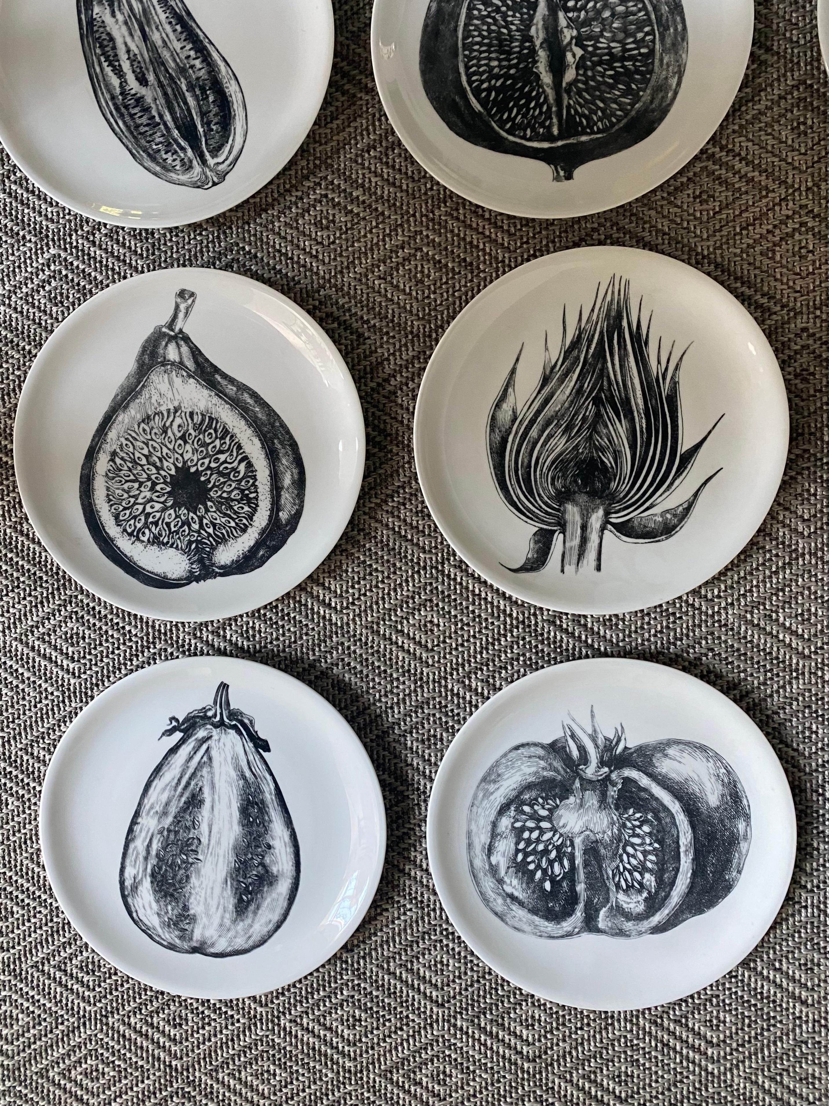 Mid-Century Modern Set of 12 Fruit Vegetable Fornasetti Plates Black White Transfer Print, Italy