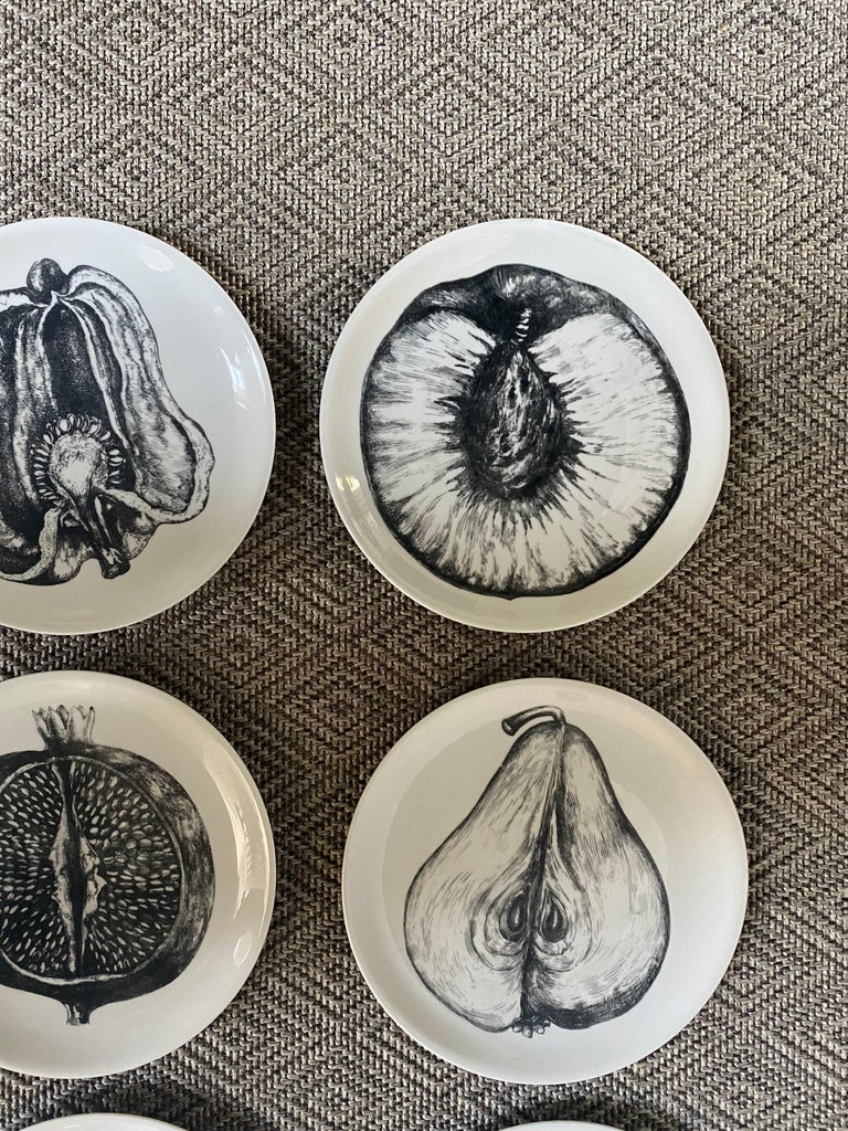 Set of 12 Fruit Vegetable Fornasetti Plates Black White Transfer Print, Italy For Sale at 1stDibs