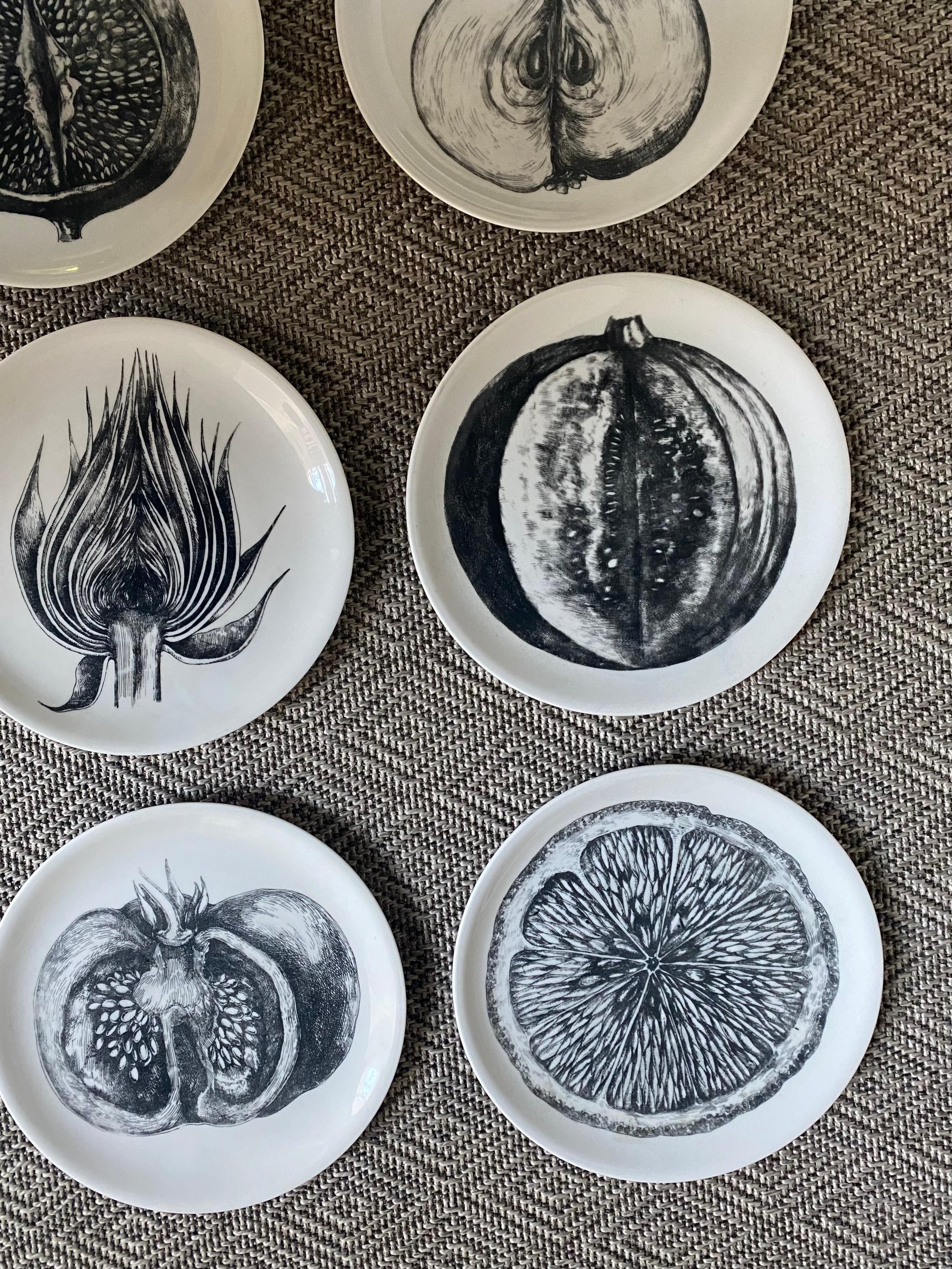 Other Set of 12 Fruit Vegetable Fornasetti Plates Black White Transfer Print, Italy