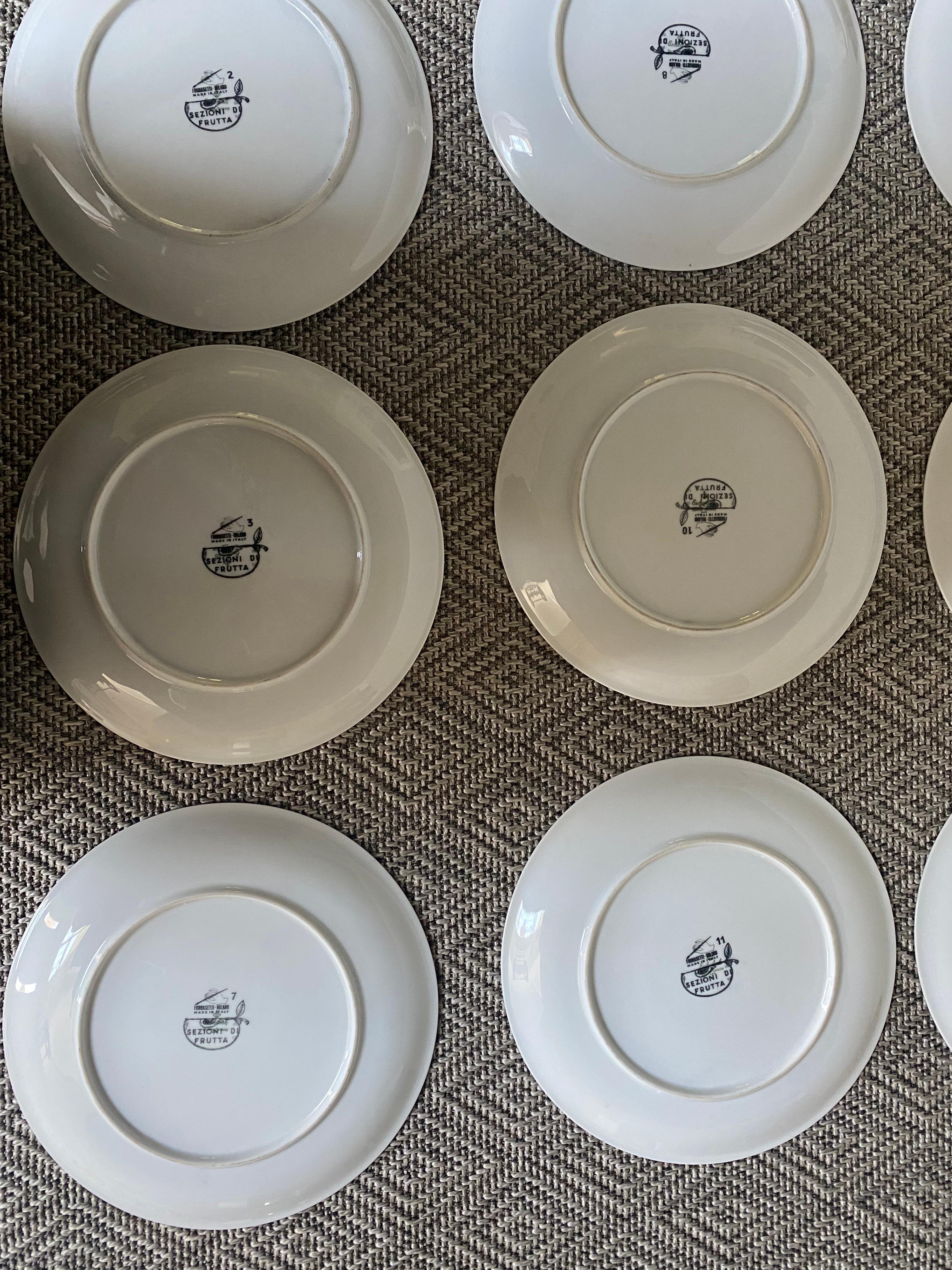 Porcelain Set of 12 Fruit Vegetable Fornasetti Plates Black White Transfer Print, Italy
