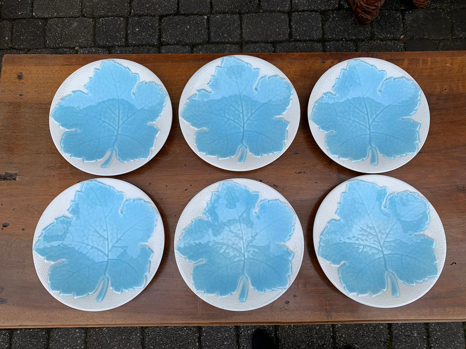 Ceramic Set of 12 Galvani Italian Majolica Blue Maple Leaf Dessert Plates, Marked For Sale