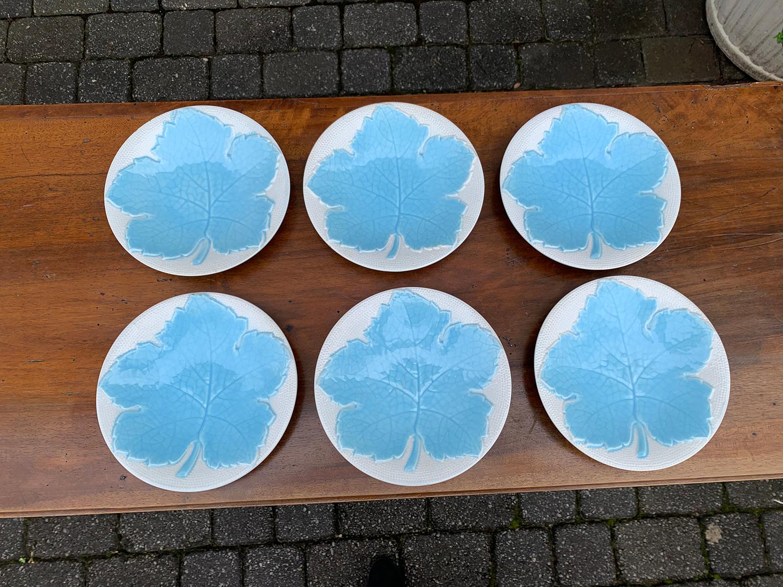 Set of 12 Galvani Italian Majolica Blue Maple Leaf Dessert Plates, Marked For Sale 1