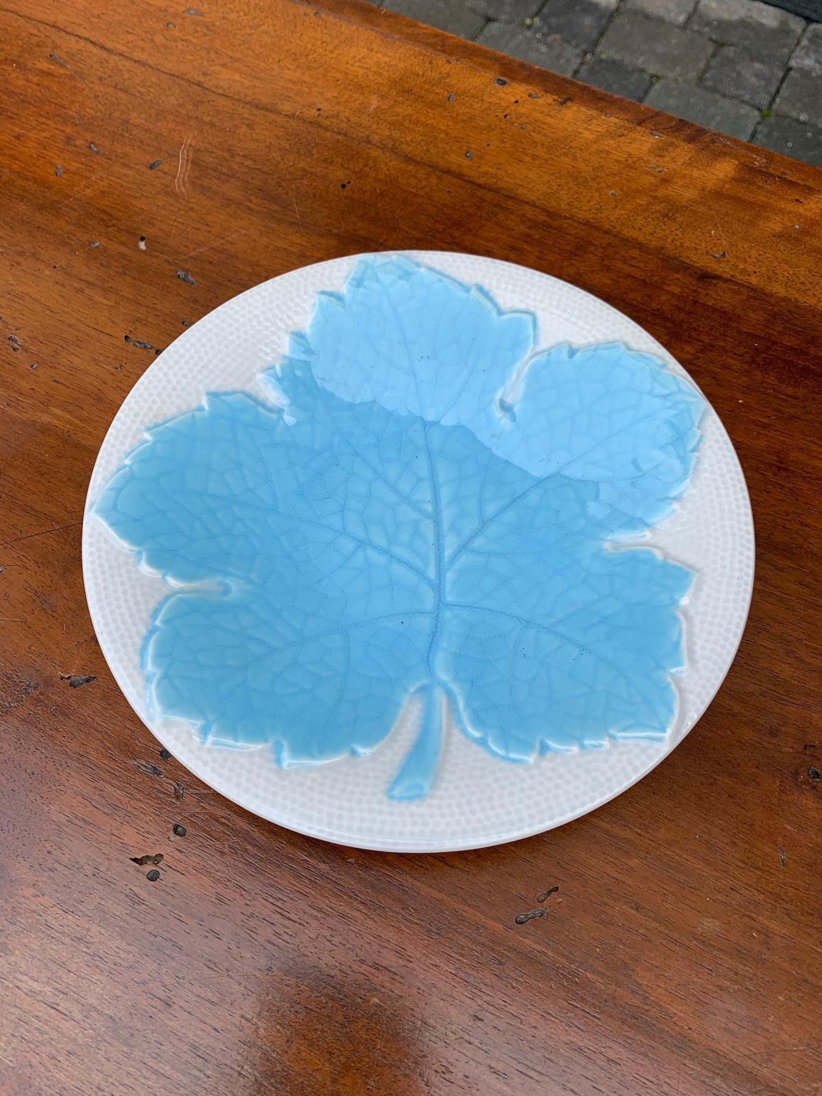Set of 12 Galvani Italian Majolica Blue Maple Leaf Dessert Plates, Marked For Sale 2